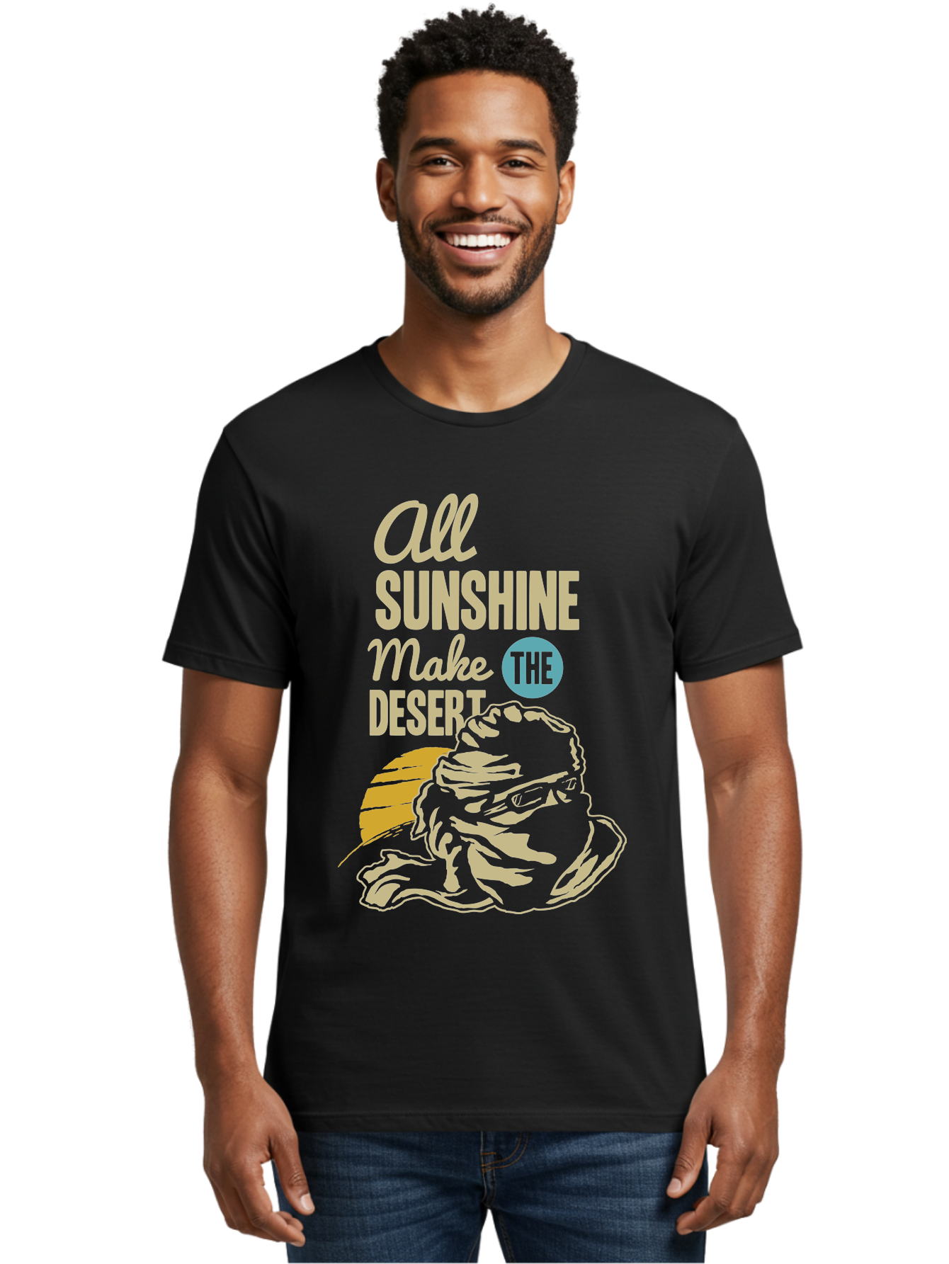 The Desert Men'S Graphic Tee, 100% Cotton, Comfortable Casual Summer Wear, Machine Washable, Inspirational Quote, Desert Theme, Sunshine, Frog Illustration, Desert Landscape, Motivational Message, Fun Design, Quirky Art, Summer Vibes, Aae701