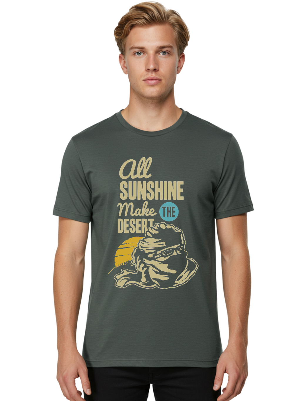 The Desert Men'S Graphic Tee, 100% Cotton, Comfortable Casual Summer Wear, Machine Washable, Inspirational Quote, Desert Theme, Sunshine, Frog Illustration, Desert Landscape, Motivational Message, Fun Design, Quirky Art, Summer Vibes, Aae701