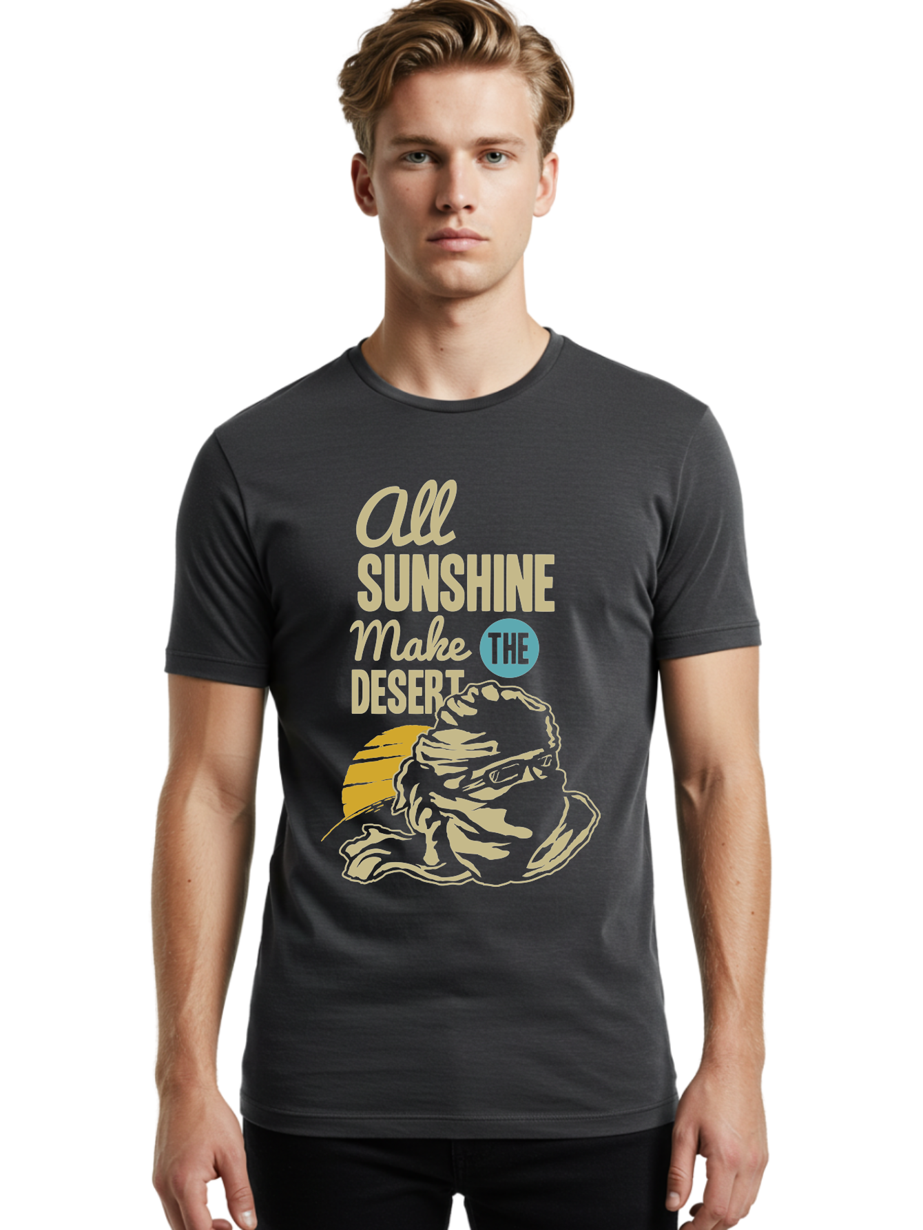 The Desert Men'S Graphic Tee, 100% Cotton, Comfortable Casual Summer Wear, Machine Washable, Inspirational Quote, Desert Theme, Sunshine, Frog Illustration, Desert Landscape, Motivational Message, Fun Design, Quirky Art, Summer Vibes, Aae701