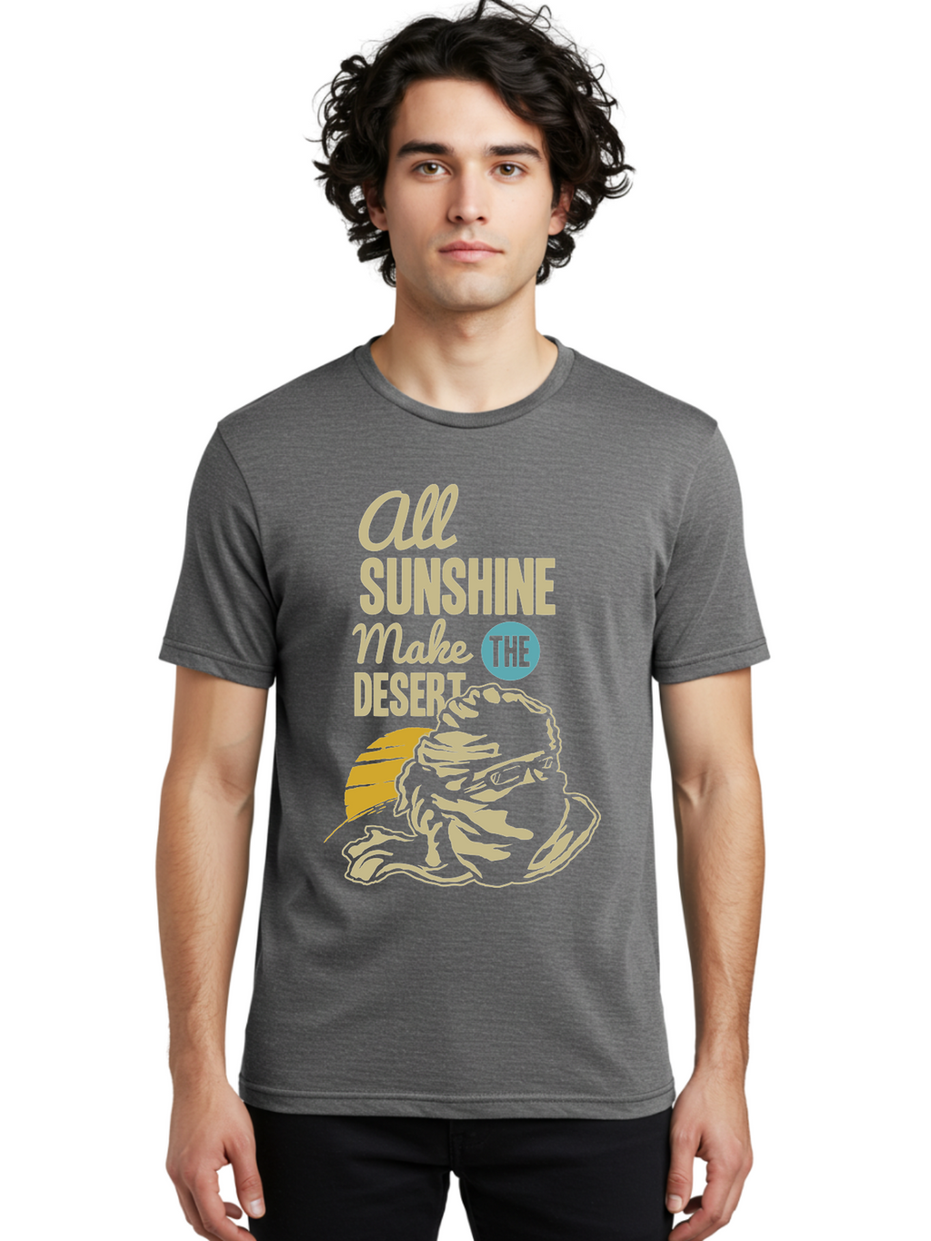 The Desert Men'S Graphic Tee, 100% Cotton, Comfortable Casual Summer Wear, Machine Washable, Inspirational Quote, Desert Theme, Sunshine, Frog Illustration, Desert Landscape, Motivational Message, Fun Design, Quirky Art, Summer Vibes, Aae701