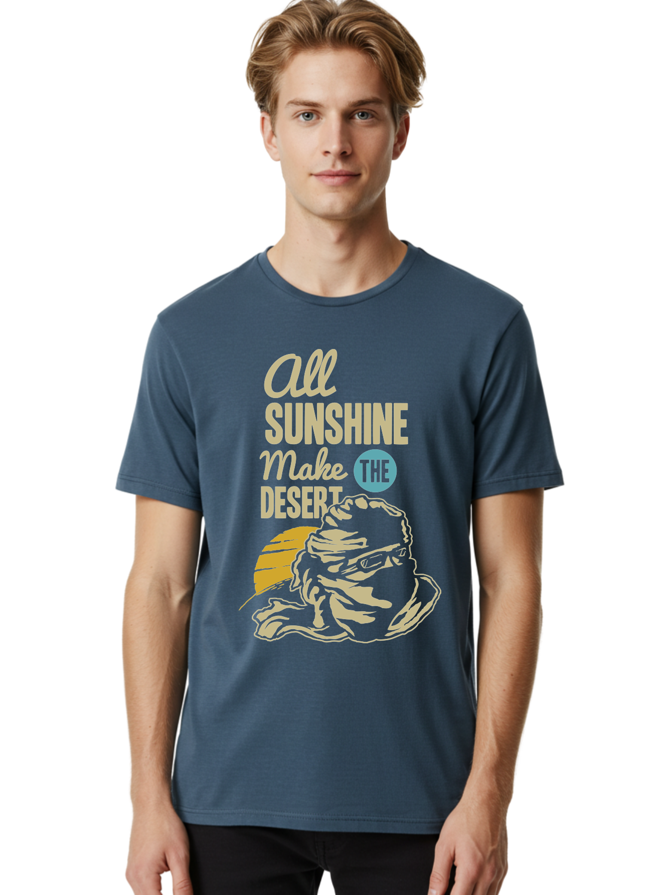 The Desert Men'S Graphic Tee, 100% Cotton, Comfortable Casual Summer Wear, Machine Washable, Inspirational Quote, Desert Theme, Sunshine, Frog Illustration, Desert Landscape, Motivational Message, Fun Design, Quirky Art, Summer Vibes, Aae701