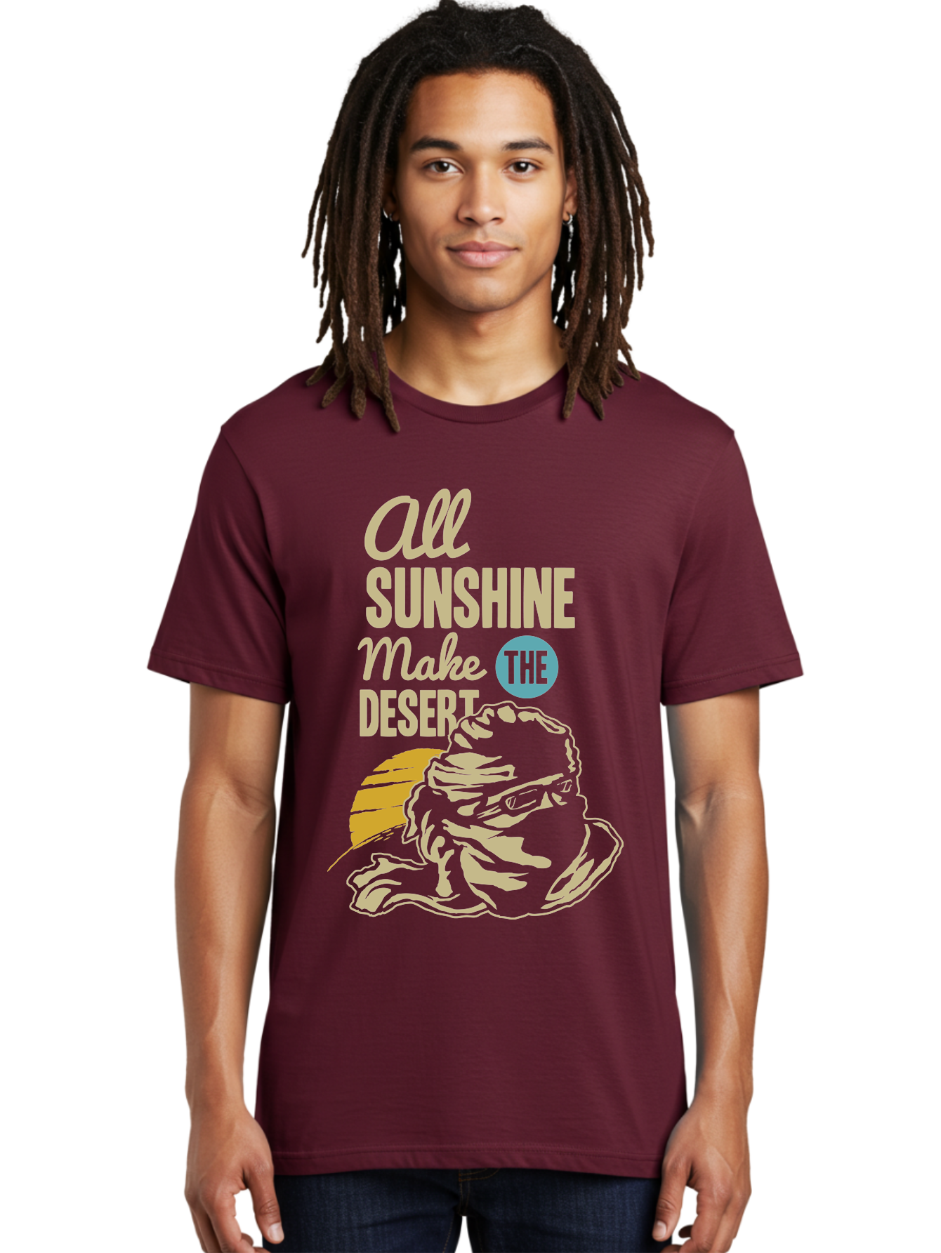 The Desert Men'S Graphic Tee, 100% Cotton, Comfortable Casual Summer Wear, Machine Washable, Inspirational Quote, Desert Theme, Sunshine, Frog Illustration, Desert Landscape, Motivational Message, Fun Design, Quirky Art, Summer Vibes, Aae701