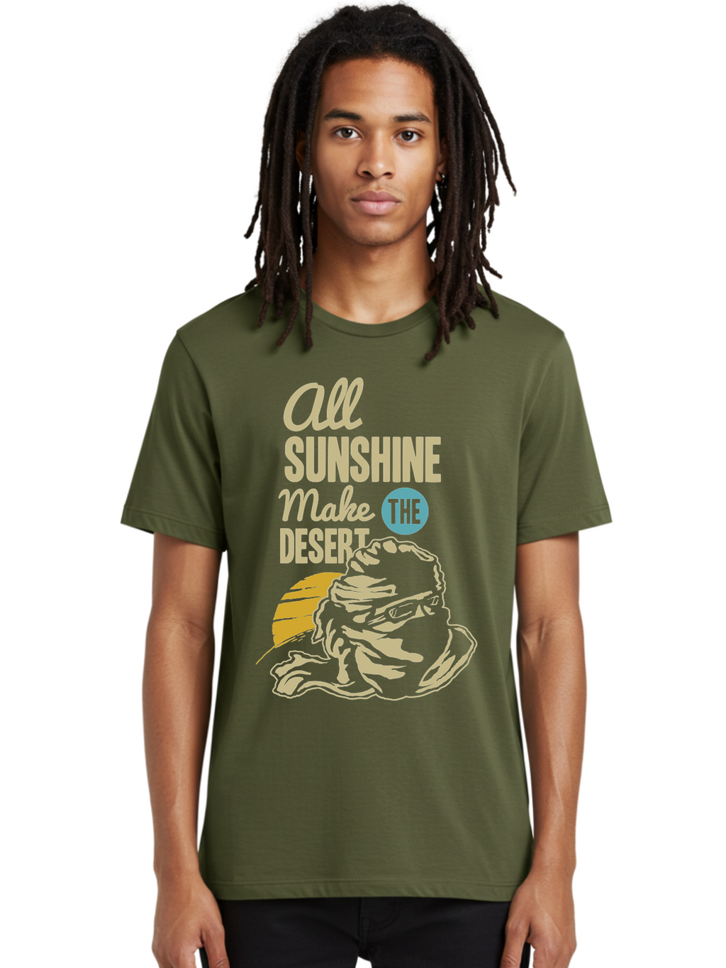 The Desert Men'S Graphic Tee, 100% Cotton, Comfortable Casual Summer Wear, Machine Washable, Inspirational Quote, Desert Theme, Sunshine, Frog Illustration, Desert Landscape, Motivational Message, Fun Design, Quirky Art, Summer Vibes, Aae701