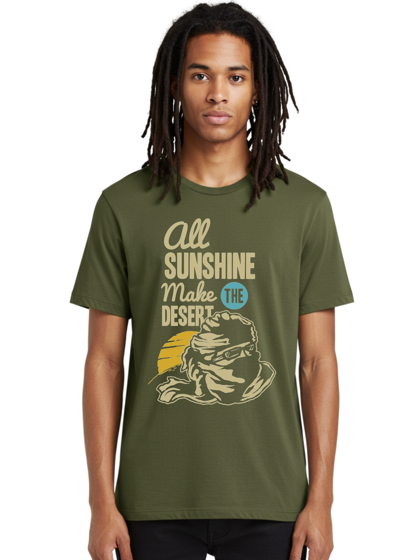 The Desert Men'S Graphic Tee, 100% Cotton, Comfortable Casual Summer Wear, Machine Washable, Inspirational Quote, Desert Theme, Sunshine, Frog Illustration, Desert Landscape, Motivational Message, Fun Design, Quirky Art, Summer Vibes, Aae701