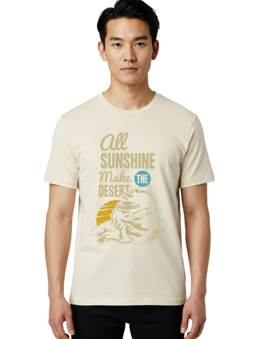 The Desert Men'S Graphic Tee, 100% Cotton, Comfortable Casual Summer Wear, Machine Washable, Inspirational Quote, Desert Theme, Sunshine, Frog Illustration, Desert Landscape, Motivational Message, Fun Design, Quirky Art, Summer Vibes, Aae701