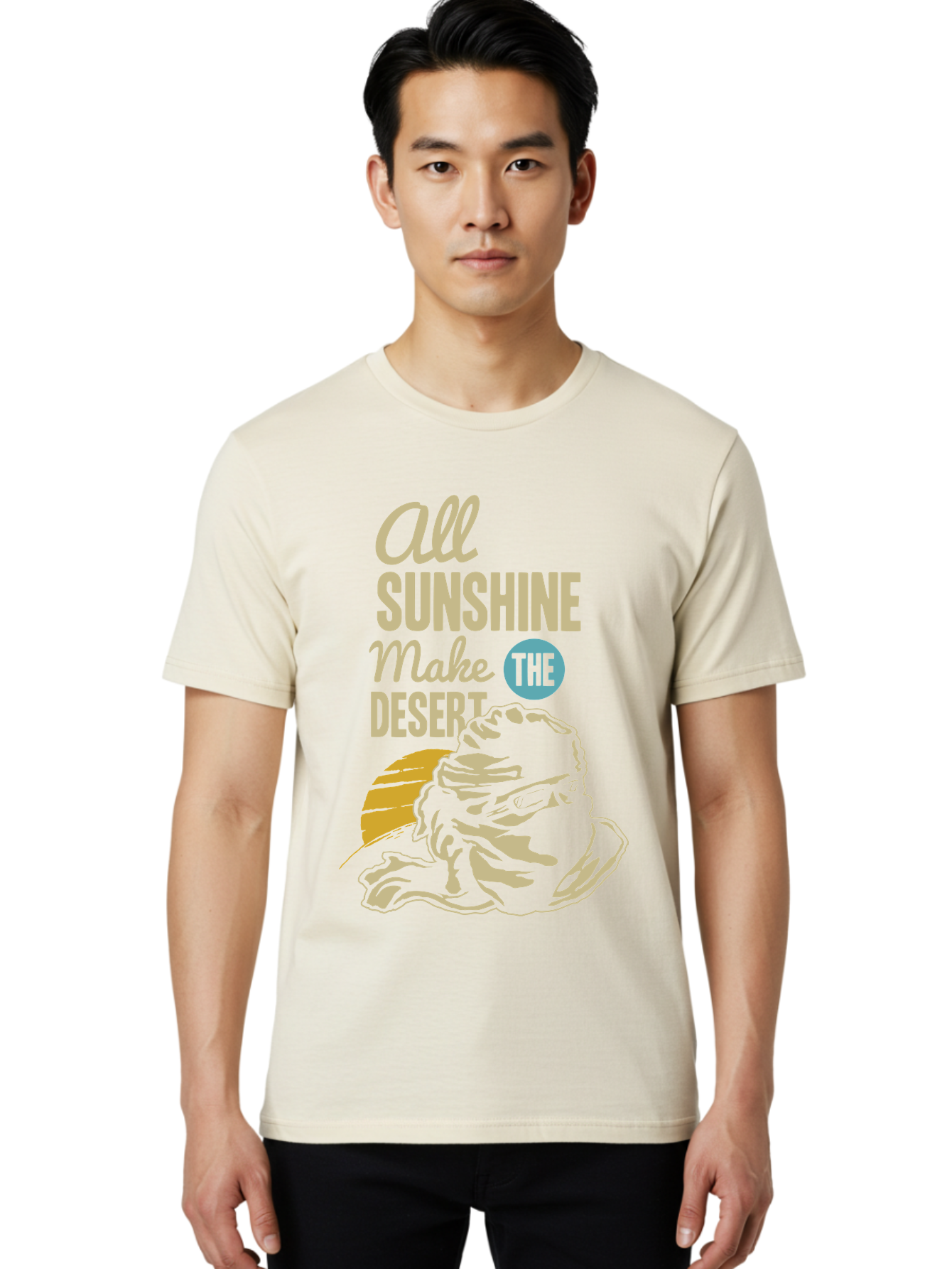 The Desert Men'S Graphic Tee, 100% Cotton, Comfortable Casual Summer Wear, Machine Washable, Inspirational Quote, Desert Theme, Sunshine, Frog Illustration, Desert Landscape, Motivational Message, Fun Design, Quirky Art, Summer Vibes, Aae701