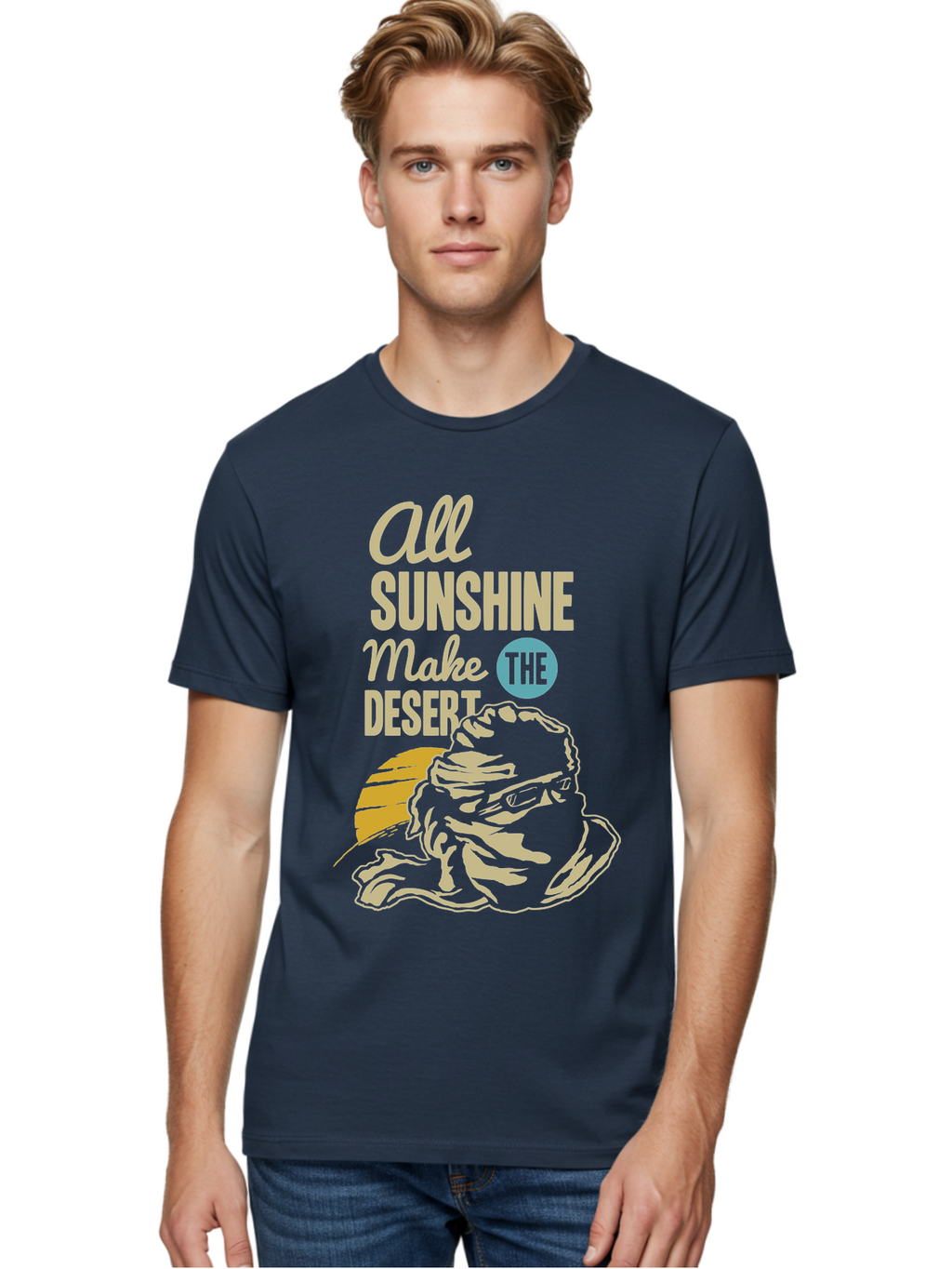 The Desert Men'S Graphic Tee, 100% Cotton, Comfortable Casual Summer Wear, Machine Washable, Inspirational Quote, Desert Theme, Sunshine, Frog Illustration, Desert Landscape, Motivational Message, Fun Design, Quirky Art, Summer Vibes, Aae701