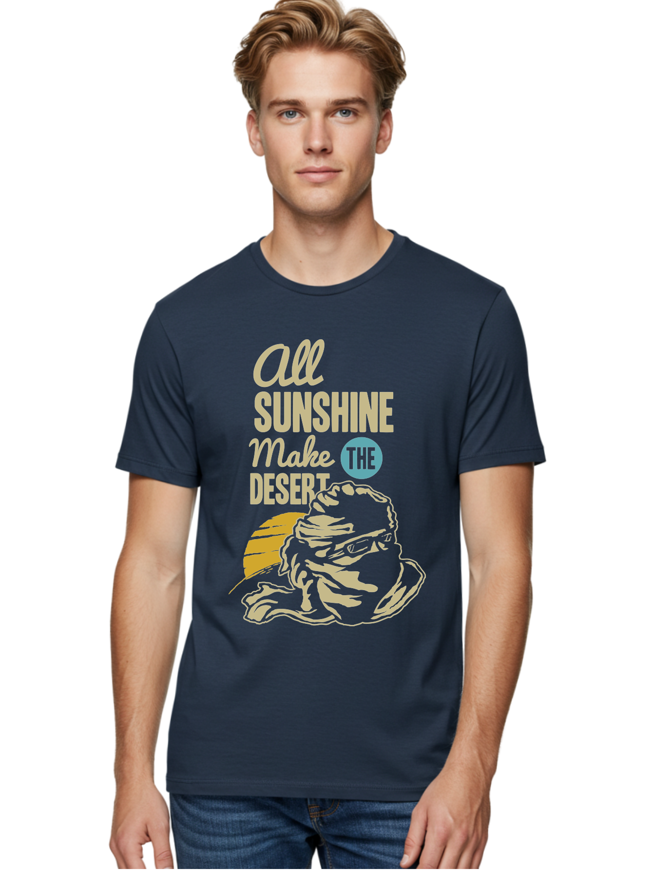 The Desert Men'S Graphic Tee, 100% Cotton, Comfortable Casual Summer Wear, Machine Washable, Inspirational Quote, Desert Theme, Sunshine, Frog Illustration, Desert Landscape, Motivational Message, Fun Design, Quirky Art, Summer Vibes, Aae701