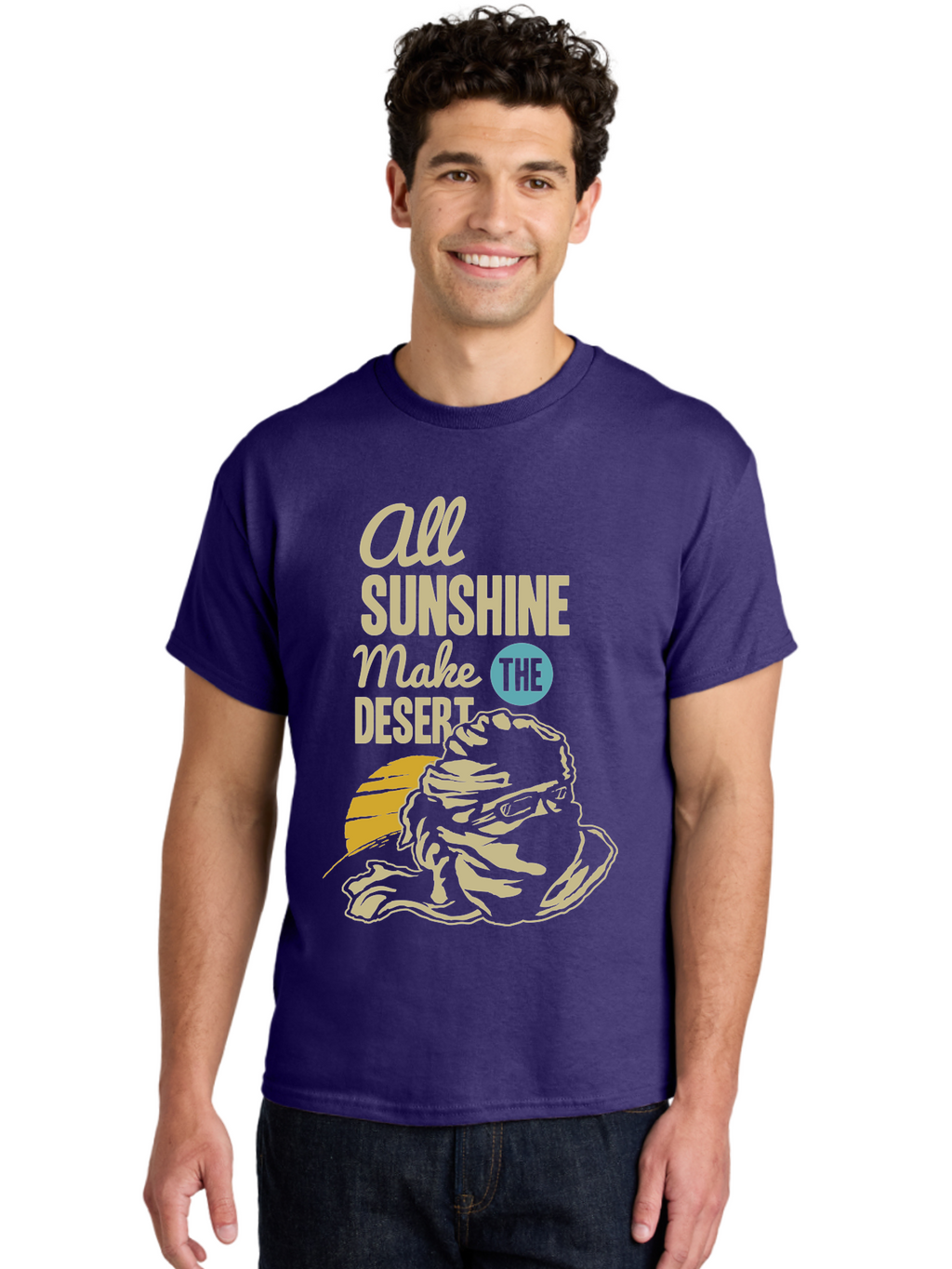 The Desert Men'S Graphic Tee, 100% Cotton, Comfortable Casual Summer Wear, Machine Washable, Inspirational Quote, Desert Theme, Sunshine, Frog Illustration, Desert Landscape, Motivational Message, Fun Design, Quirky Art, Summer Vibes, Aae701