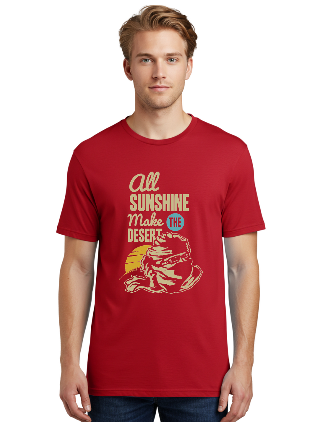The Desert Men'S Graphic Tee, 100% Cotton, Comfortable Casual Summer Wear, Machine Washable, Inspirational Quote, Desert Theme, Sunshine, Frog Illustration, Desert Landscape, Motivational Message, Fun Design, Quirky Art, Summer Vibes, Aae701