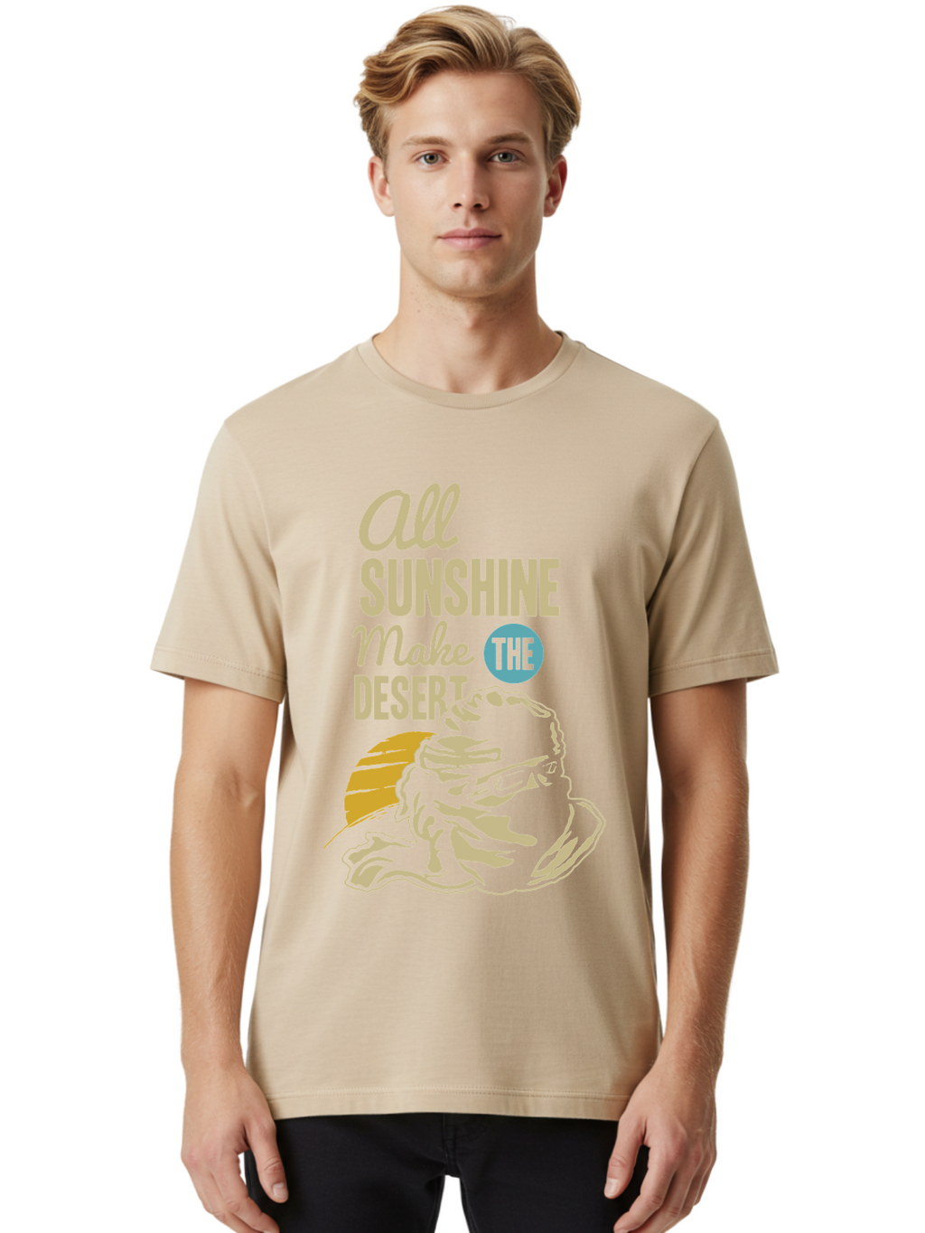 The Desert Men'S Graphic Tee, 100% Cotton, Comfortable Casual Summer Wear, Machine Washable, Inspirational Quote, Desert Theme, Sunshine, Frog Illustration, Desert Landscape, Motivational Message, Fun Design, Quirky Art, Summer Vibes, Aae701