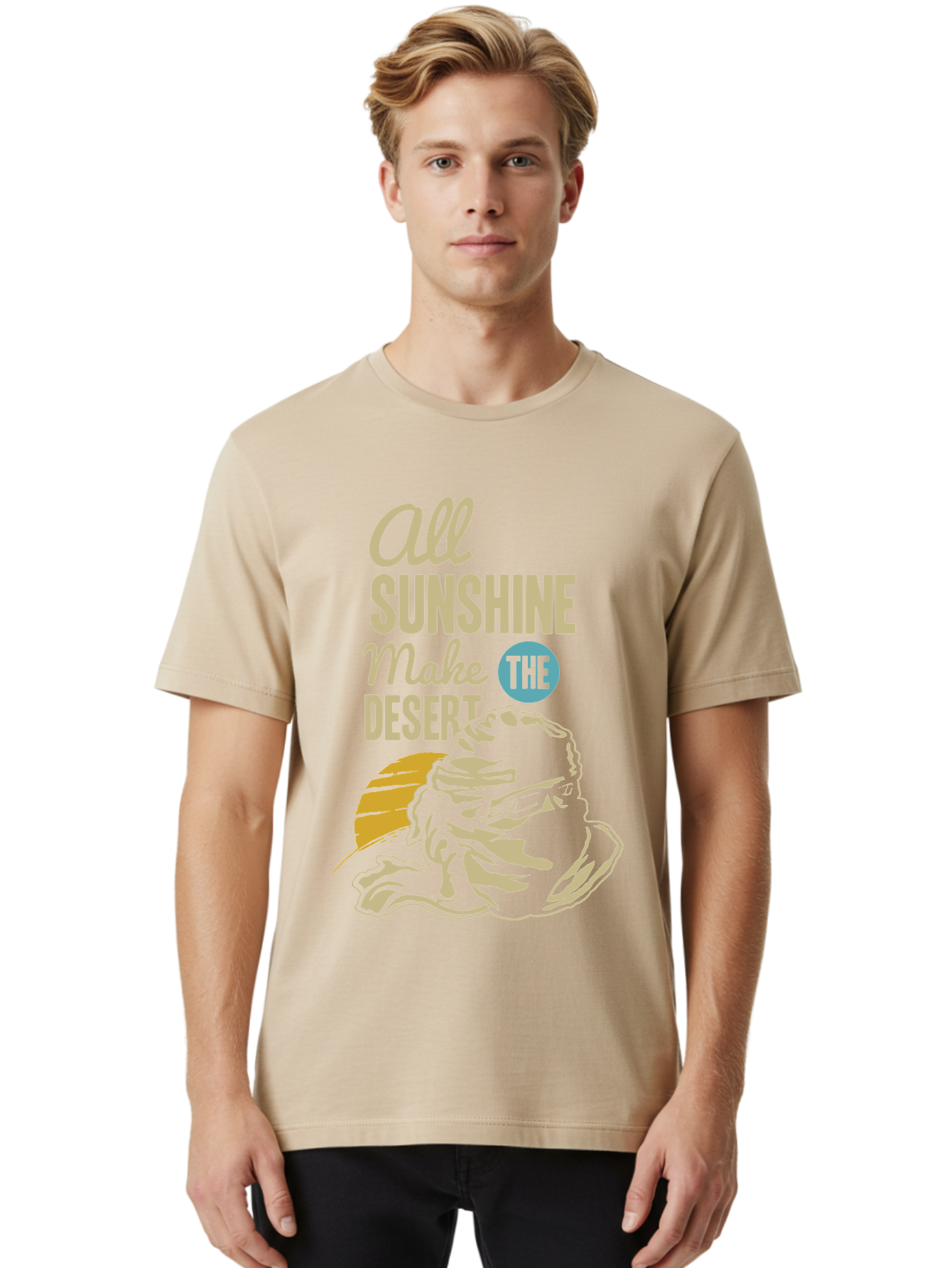 The Desert Men'S Graphic Tee, 100% Cotton, Comfortable Casual Summer Wear, Machine Washable, Inspirational Quote, Desert Theme, Sunshine, Frog Illustration, Desert Landscape, Motivational Message, Fun Design, Quirky Art, Summer Vibes, Aae701