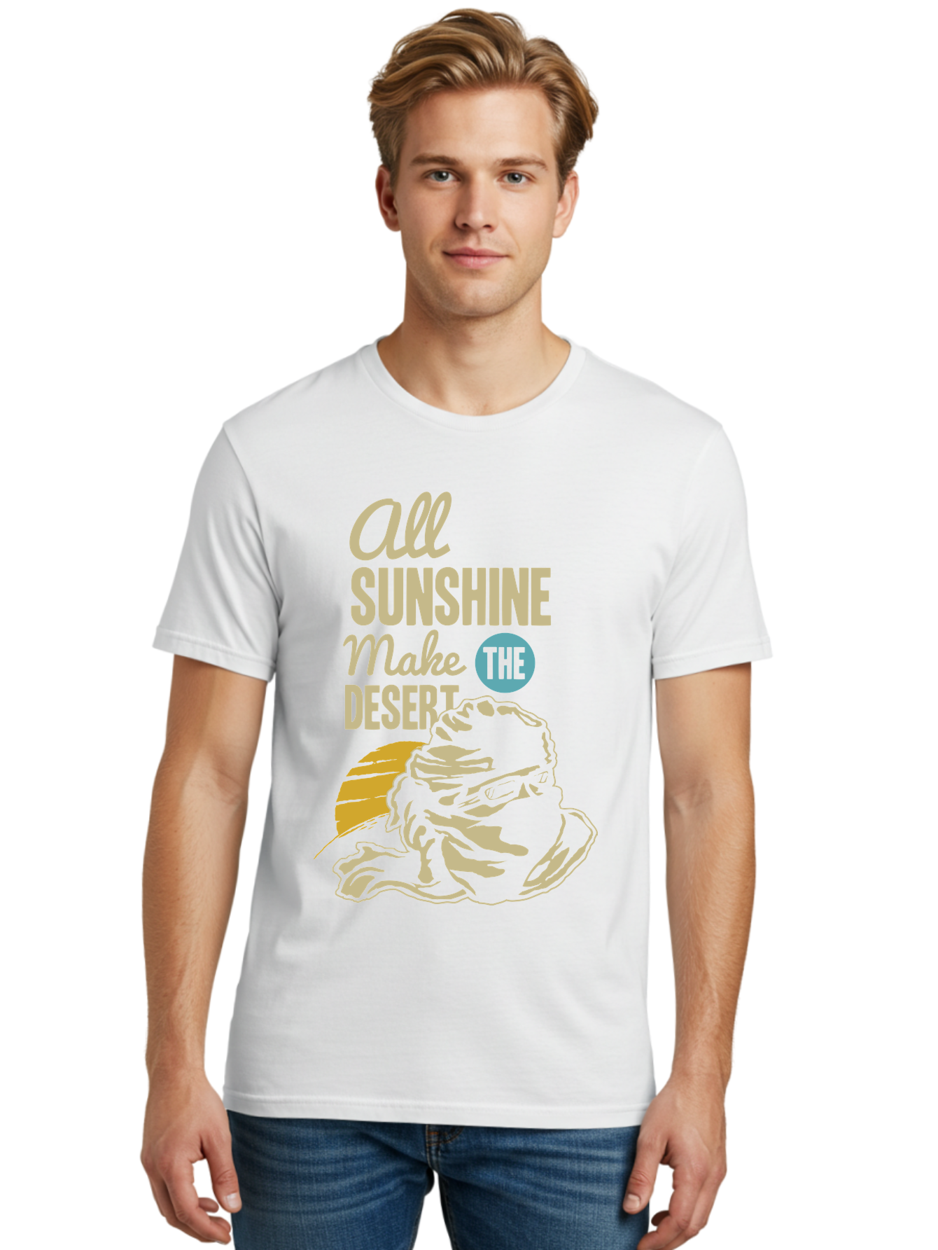 The Desert Men'S Graphic Tee, 100% Cotton, Comfortable Casual Summer Wear, Machine Washable, Inspirational Quote, Desert Theme, Sunshine, Frog Illustration, Desert Landscape, Motivational Message, Fun Design, Quirky Art, Summer Vibes, Aae701