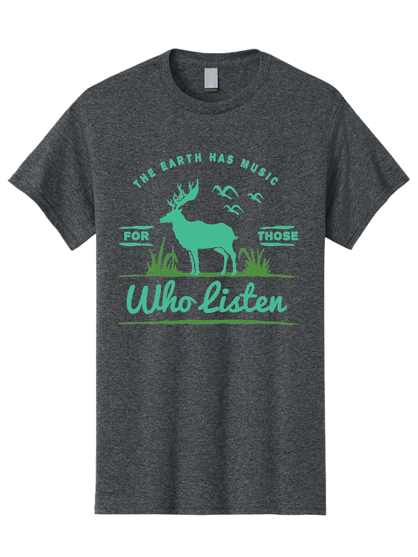 The Earth Has Music Men'S Graphic Tee, 100% Cotton, Comfortable Casual Summer Wear, Machine Washable, Wildlife Conservation, Environmentalism, Deer Silhouette, Birds In Flight, Inspirational Quote, Eco-Friendly Message, Nature Lovers, Aae702
