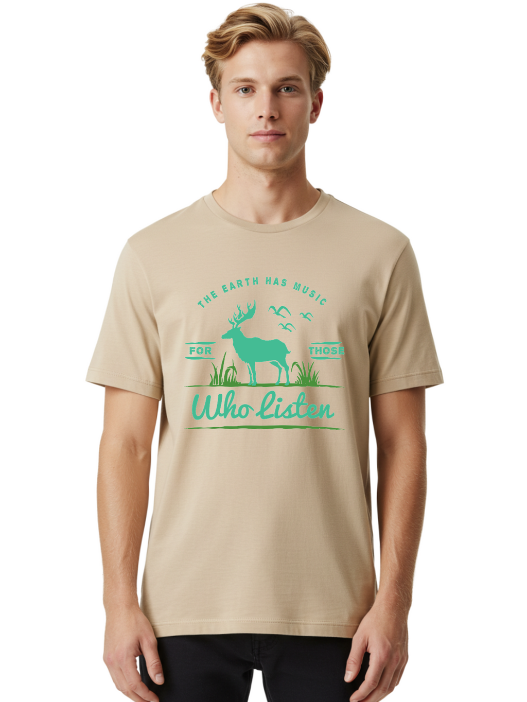 The Earth Has Music Men'S Graphic Tee, 100% Cotton, Comfortable Casual Summer Wear, Machine Washable, Wildlife Conservation, Environmentalism, Deer Silhouette, Birds In Flight, Inspirational Quote, Eco-Friendly Message, Nature Lovers, Aae702