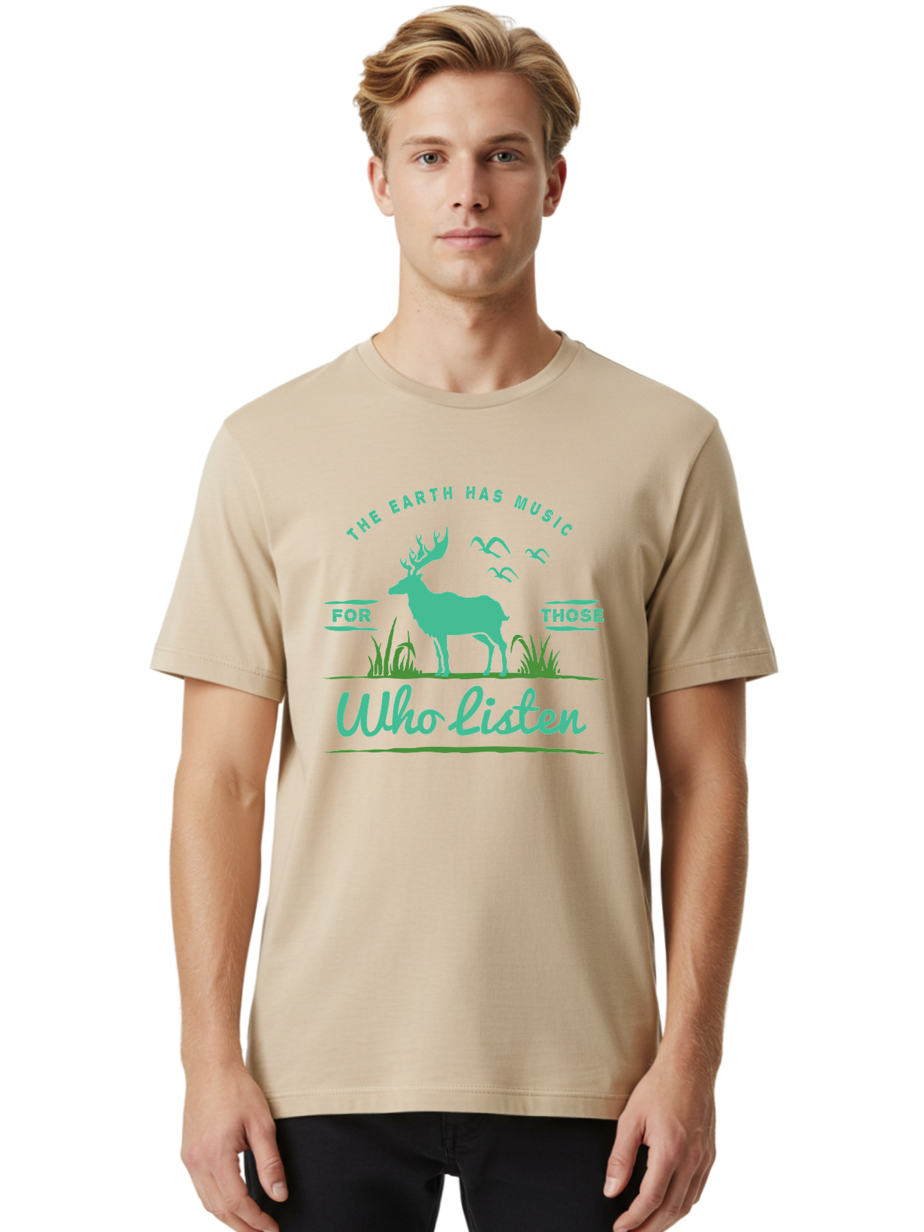 The Earth Has Music Men'S Graphic Tee, 100% Cotton, Comfortable Casual Summer Wear, Machine Washable, Wildlife Conservation, Environmentalism, Deer Silhouette, Birds In Flight, Inspirational Quote, Eco-Friendly Message, Nature Lovers, Aae702