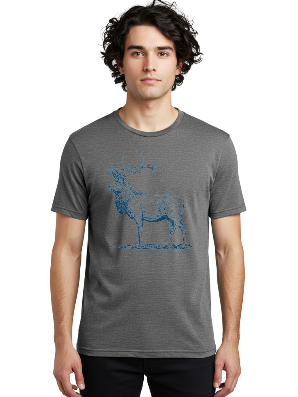 The Elder Stag Men'S Graphic Tee, 100% Cotton, Comfortable Casual Summer Wear, Machine Washable, Majestic Elk, Wildlife Illustration, Detailed Drawing, Natural Habitat, Grassy Terrain, Impressive Antlers, Wild Animal Art, Serene Pose, Aae703