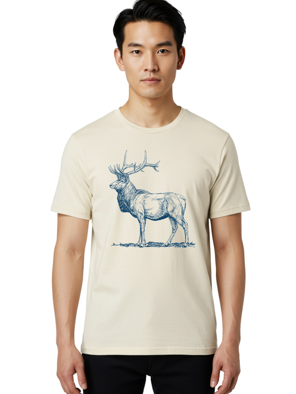 The Elder Stag Men'S Graphic Tee, 100% Cotton, Comfortable Casual Summer Wear, Machine Washable, Majestic Elk, Wildlife Illustration, Detailed Drawing, Natural Habitat, Grassy Terrain, Impressive Antlers, Wild Animal Art, Serene Pose, Aae703