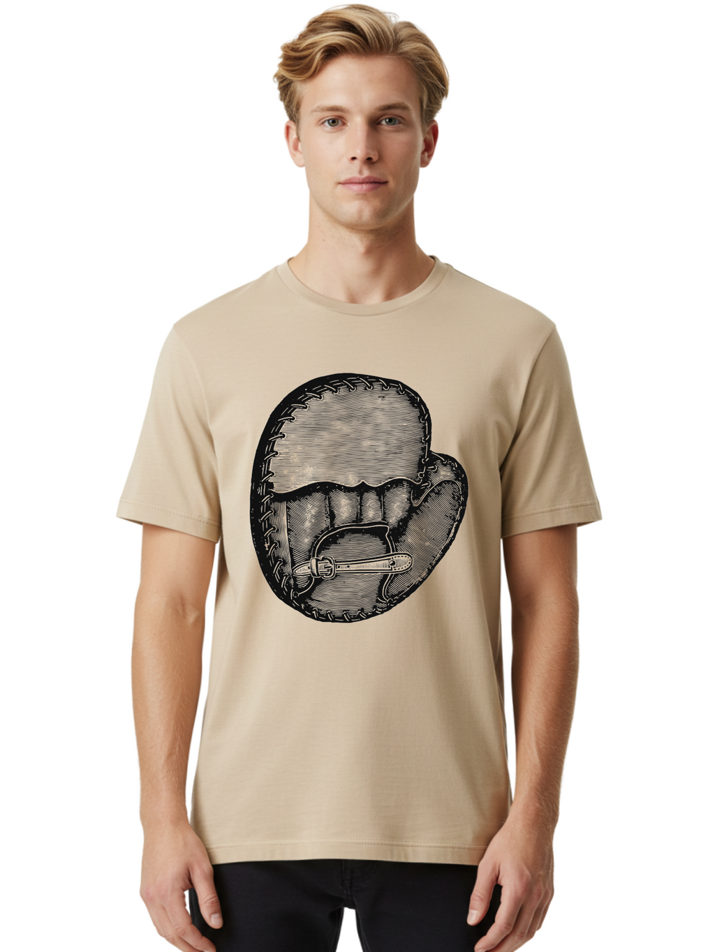 The Golden Glove Men'S Graphic Tee, 100% Cotton, Comfortable Casual Summer Wear, Machine Washable, Baseball Glove With Pocket Knife, Vintage Illustration, Retro Artwork, Crosshatching Technique, Nostalgic Feel, Baseball Theme, Aae705