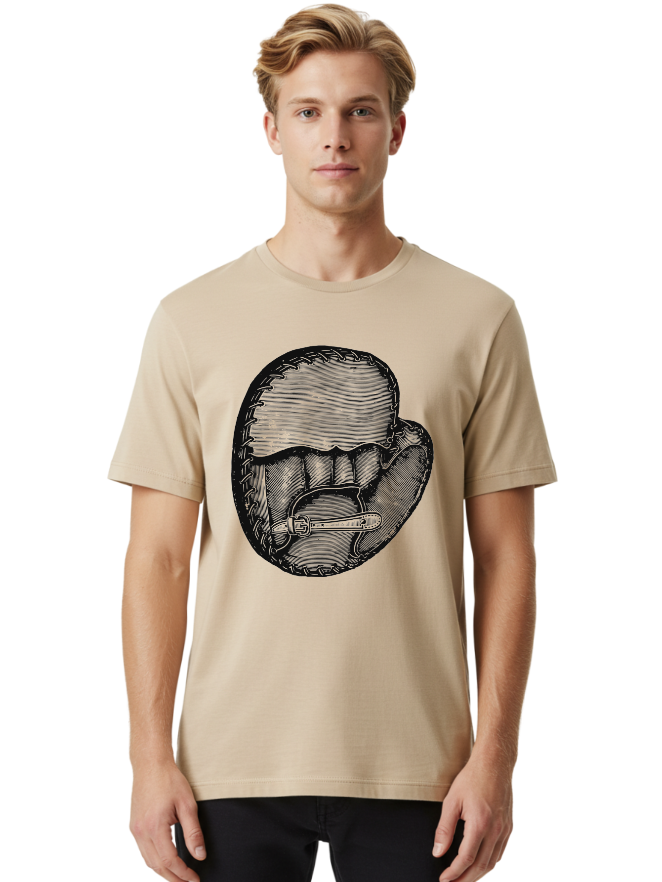 The Golden Glove Men'S Graphic Tee, 100% Cotton, Comfortable Casual Summer Wear, Machine Washable, Baseball Glove With Pocket Knife, Vintage Illustration, Retro Artwork, Crosshatching Technique, Nostalgic Feel, Baseball Theme, Aae705