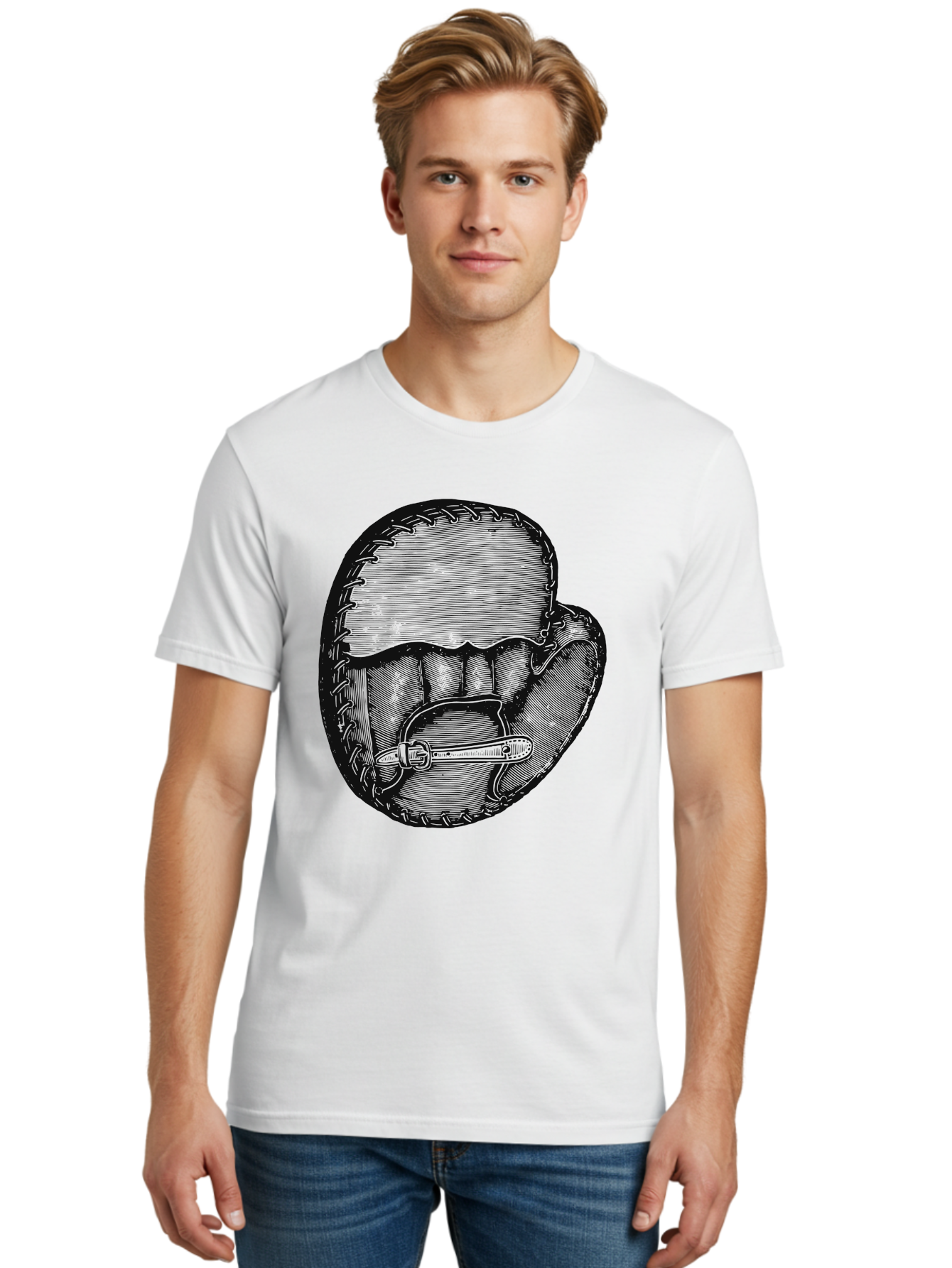 The Golden Glove Men'S Graphic Tee, 100% Cotton, Comfortable Casual Summer Wear, Machine Washable, Baseball Glove With Pocket Knife, Vintage Illustration, Retro Artwork, Crosshatching Technique, Nostalgic Feel, Baseball Theme, Aae705