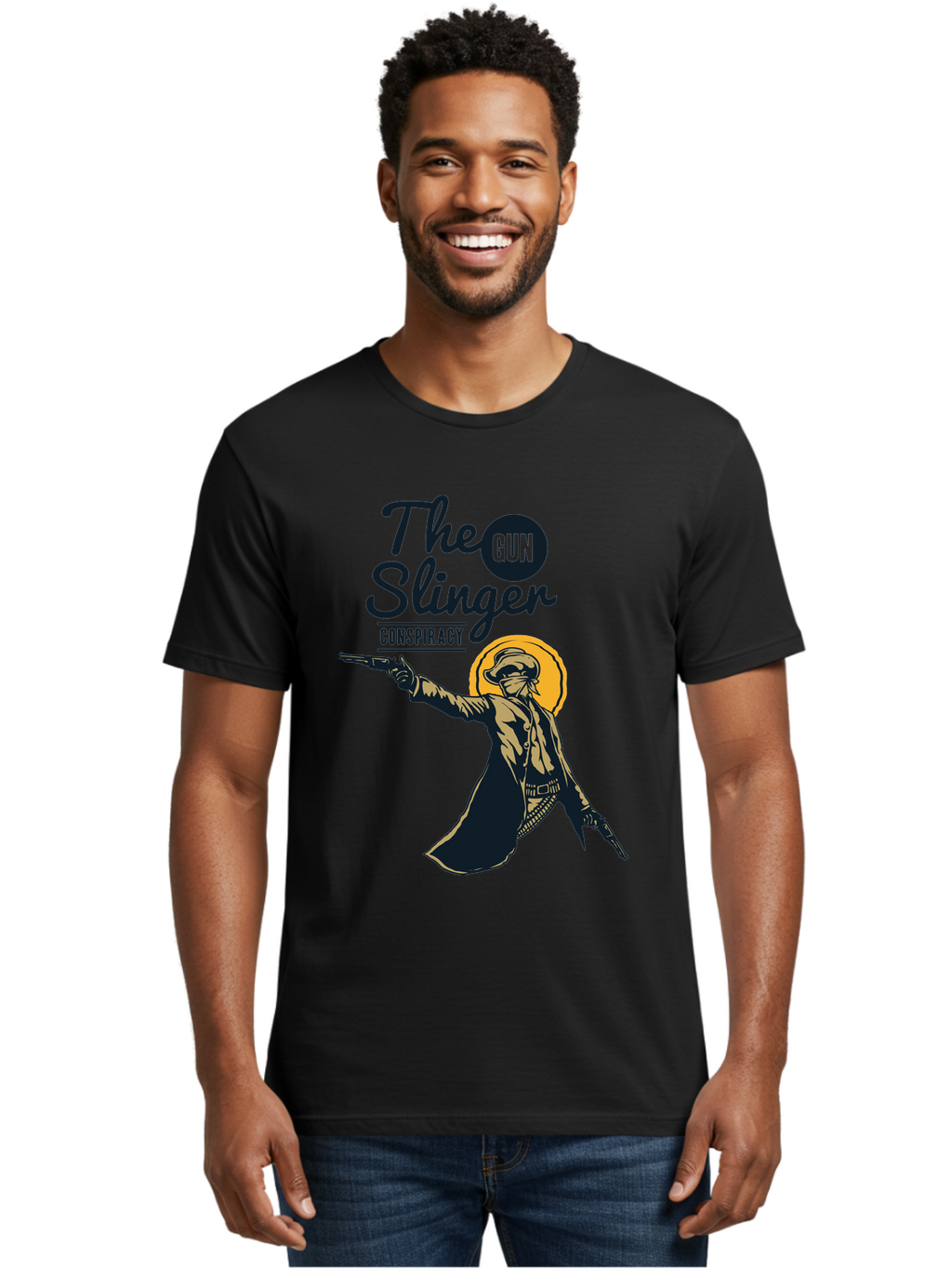 The Gun Slinger Men'S Graphic Tee, 100% Cotton, Comfortable Casual Summer Wear, Machine Washable, Cowboy Illustration, Gunslinger Pose, Western Style, Conspiracy Theory, Mysterious Figure, Sunglasses, Hat, Coat, Guns, Western Theme, Aae708