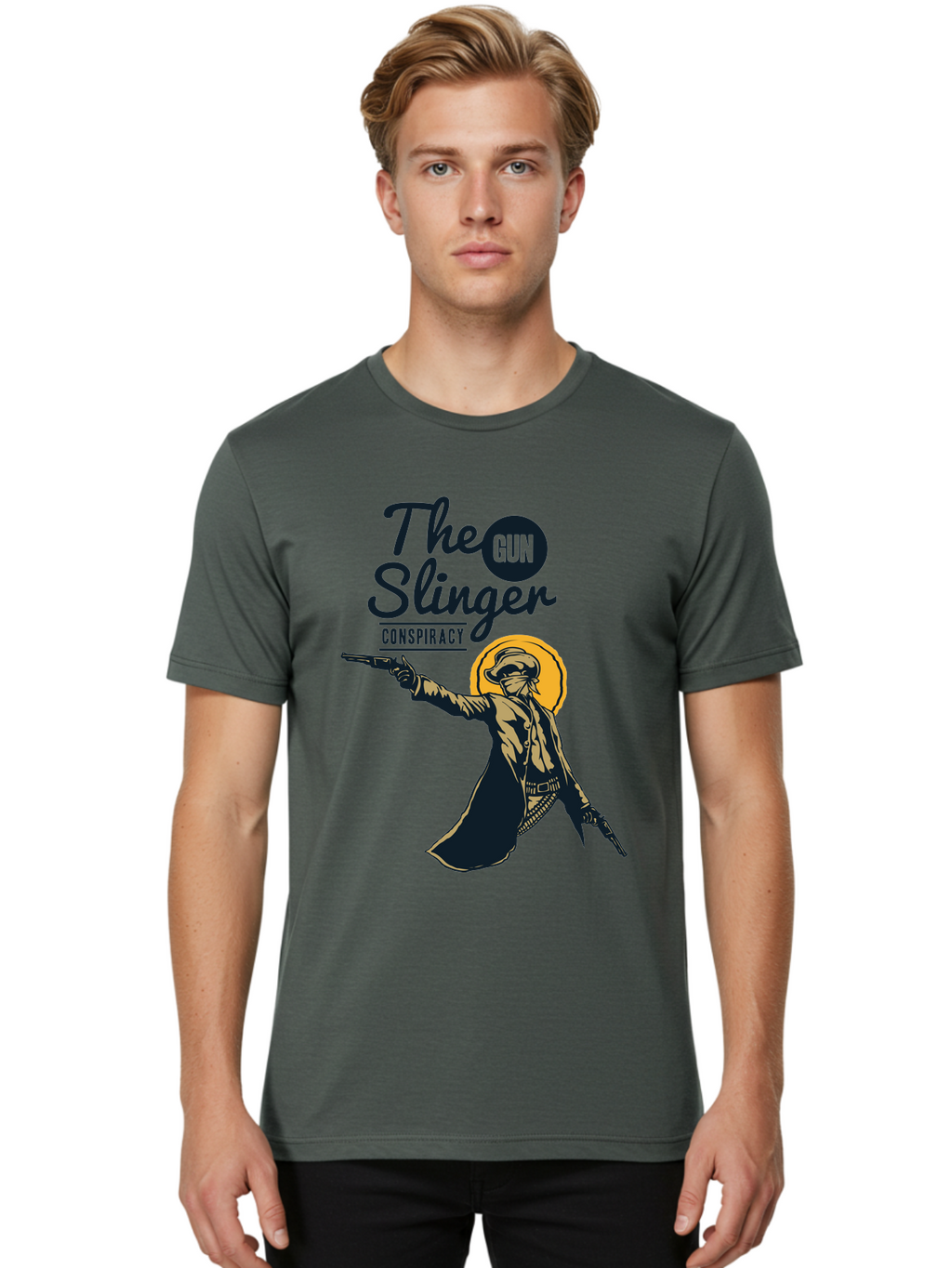 The Gun Slinger Men'S Graphic Tee, 100% Cotton, Comfortable Casual Summer Wear, Machine Washable, Cowboy Illustration, Gunslinger Pose, Western Style, Conspiracy Theory, Mysterious Figure, Sunglasses, Hat, Coat, Guns, Western Theme, Aae708