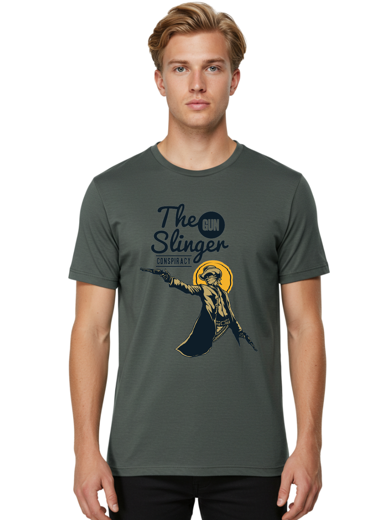 The Gun Slinger Men'S Graphic Tee, 100% Cotton, Comfortable Casual Summer Wear, Machine Washable, Cowboy Illustration, Gunslinger Pose, Western Style, Conspiracy Theory, Mysterious Figure, Sunglasses, Hat, Coat, Guns, Western Theme, Aae708