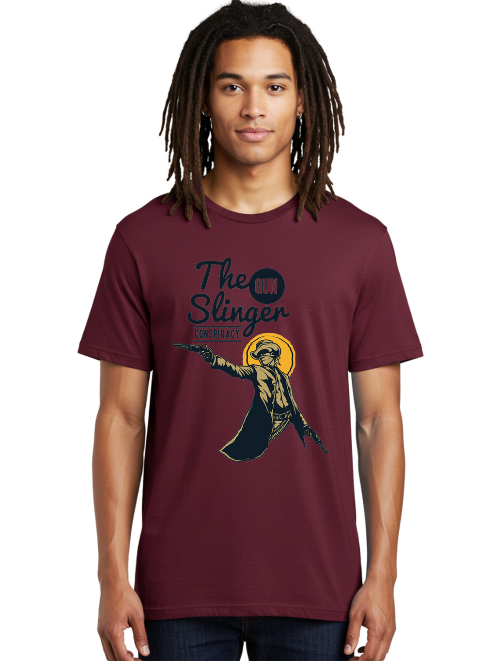 The Gun Slinger Men'S Graphic Tee, 100% Cotton, Comfortable Casual Summer Wear, Machine Washable, Cowboy Illustration, Gunslinger Pose, Western Style, Conspiracy Theory, Mysterious Figure, Sunglasses, Hat, Coat, Guns, Western Theme, Aae708
