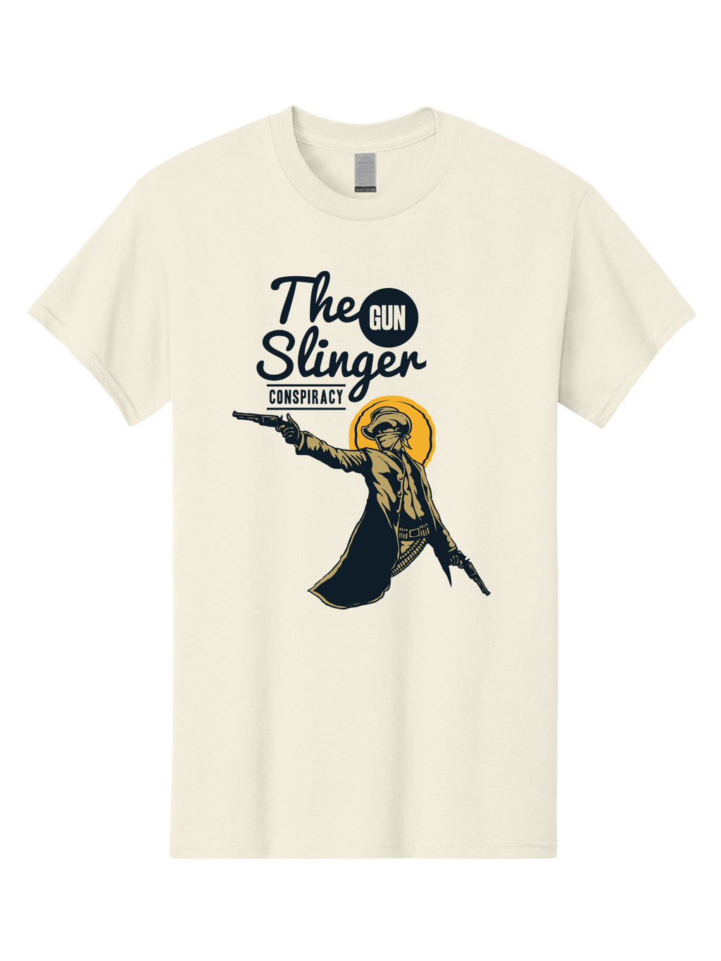 The Gun Slinger Men'S Graphic Tee, 100% Cotton, Comfortable Casual Summer Wear, Machine Washable, Cowboy Illustration, Gunslinger Pose, Western Style, Conspiracy Theory, Mysterious Figure, Sunglasses, Hat, Coat, Guns, Western Theme, Aae708