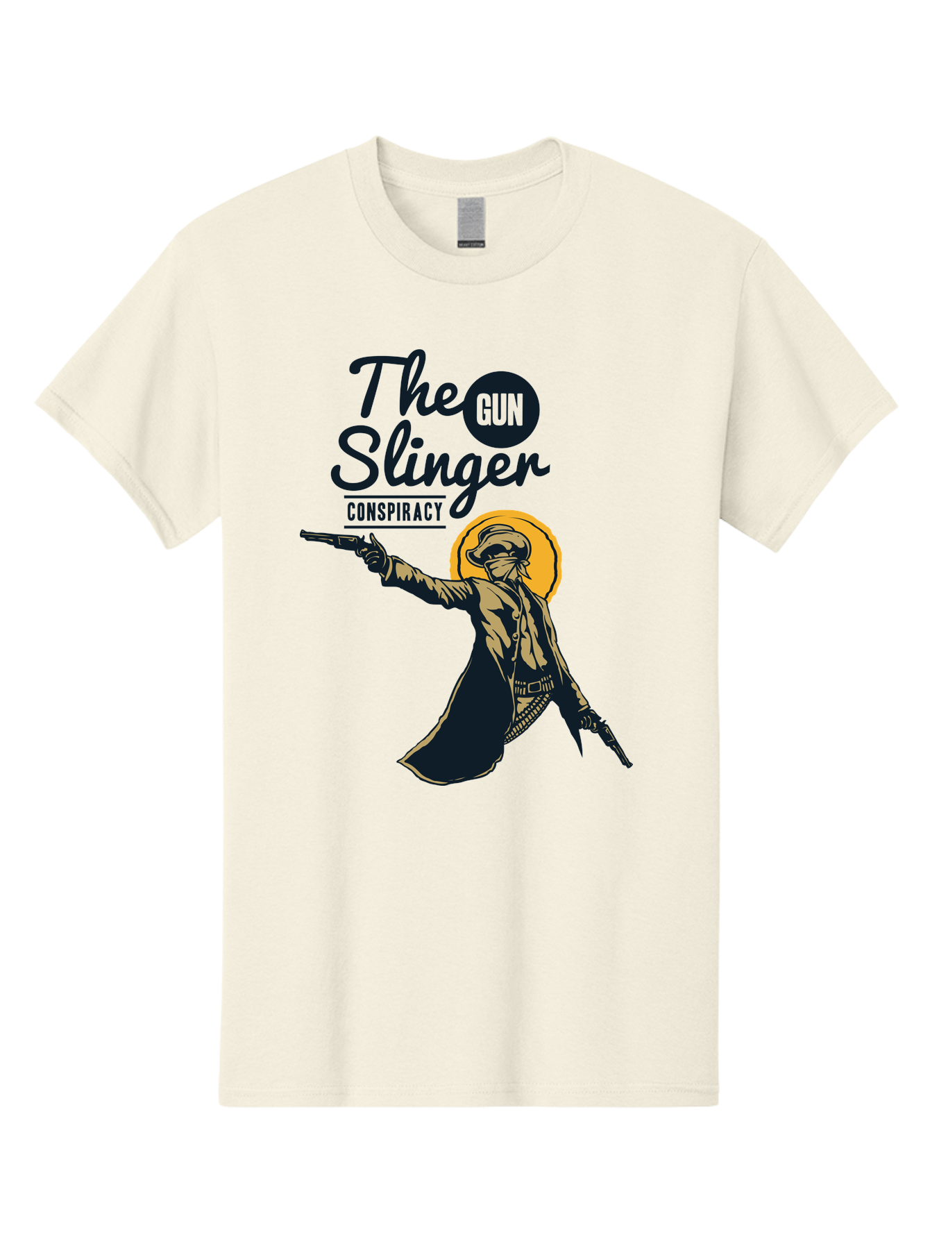 The Gun Slinger Men'S Graphic Tee, 100% Cotton, Comfortable Casual Summer Wear, Machine Washable, Cowboy Illustration, Gunslinger Pose, Western Style, Conspiracy Theory, Mysterious Figure, Sunglasses, Hat, Coat, Guns, Western Theme, Aae708