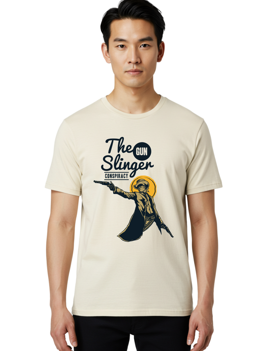 The Gun Slinger Men'S Graphic Tee, 100% Cotton, Comfortable Casual Summer Wear, Machine Washable, Cowboy Illustration, Gunslinger Pose, Western Style, Conspiracy Theory, Mysterious Figure, Sunglasses, Hat, Coat, Guns, Western Theme, Aae708