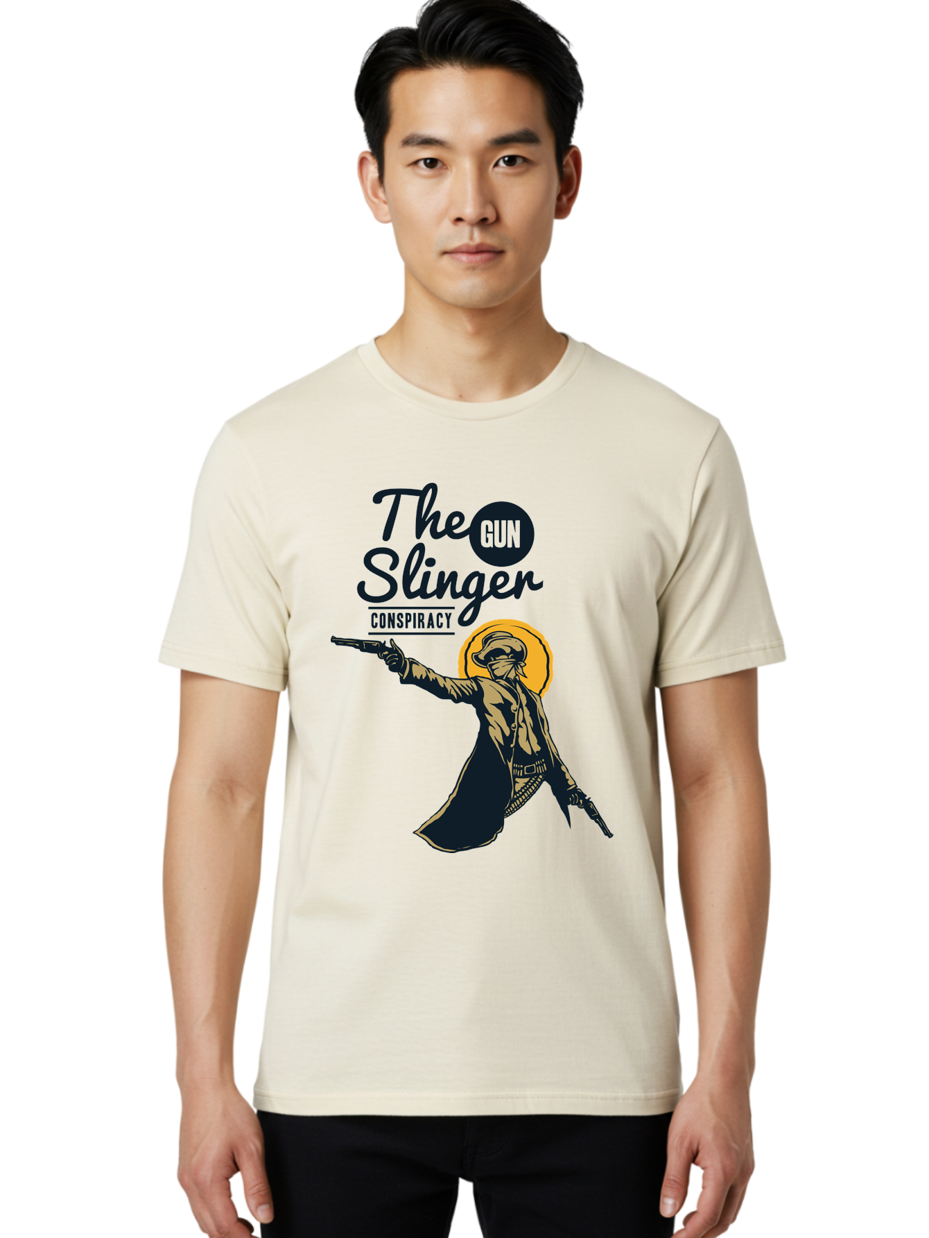 The Gun Slinger Men'S Graphic Tee, 100% Cotton, Comfortable Casual Summer Wear, Machine Washable, Cowboy Illustration, Gunslinger Pose, Western Style, Conspiracy Theory, Mysterious Figure, Sunglasses, Hat, Coat, Guns, Western Theme, Aae708