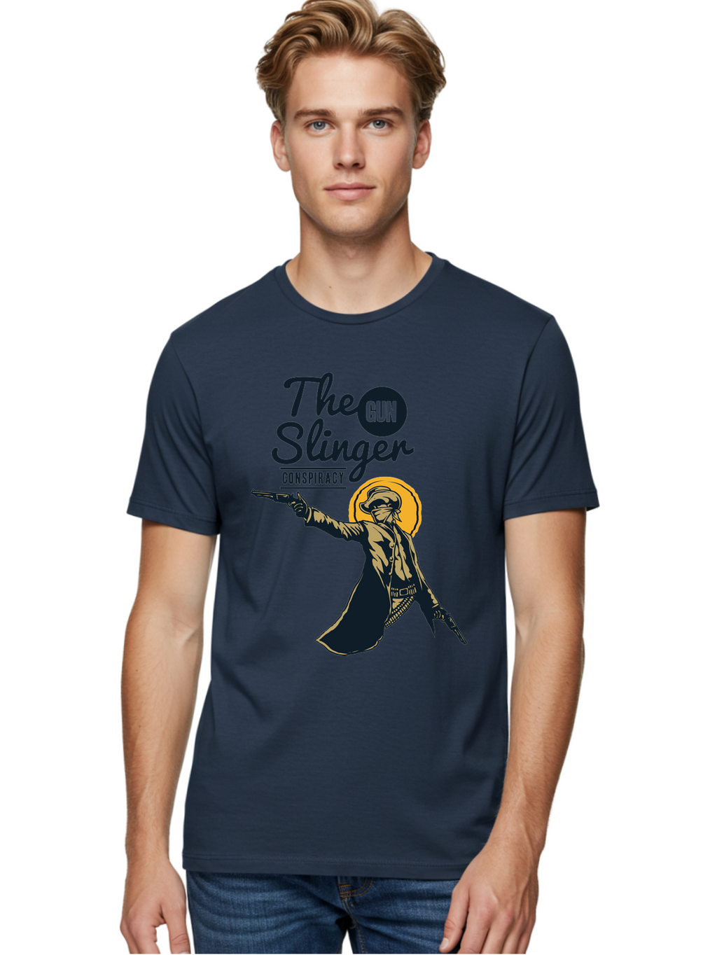 The Gun Slinger Men'S Graphic Tee, 100% Cotton, Comfortable Casual Summer Wear, Machine Washable, Cowboy Illustration, Gunslinger Pose, Western Style, Conspiracy Theory, Mysterious Figure, Sunglasses, Hat, Coat, Guns, Western Theme, Aae708