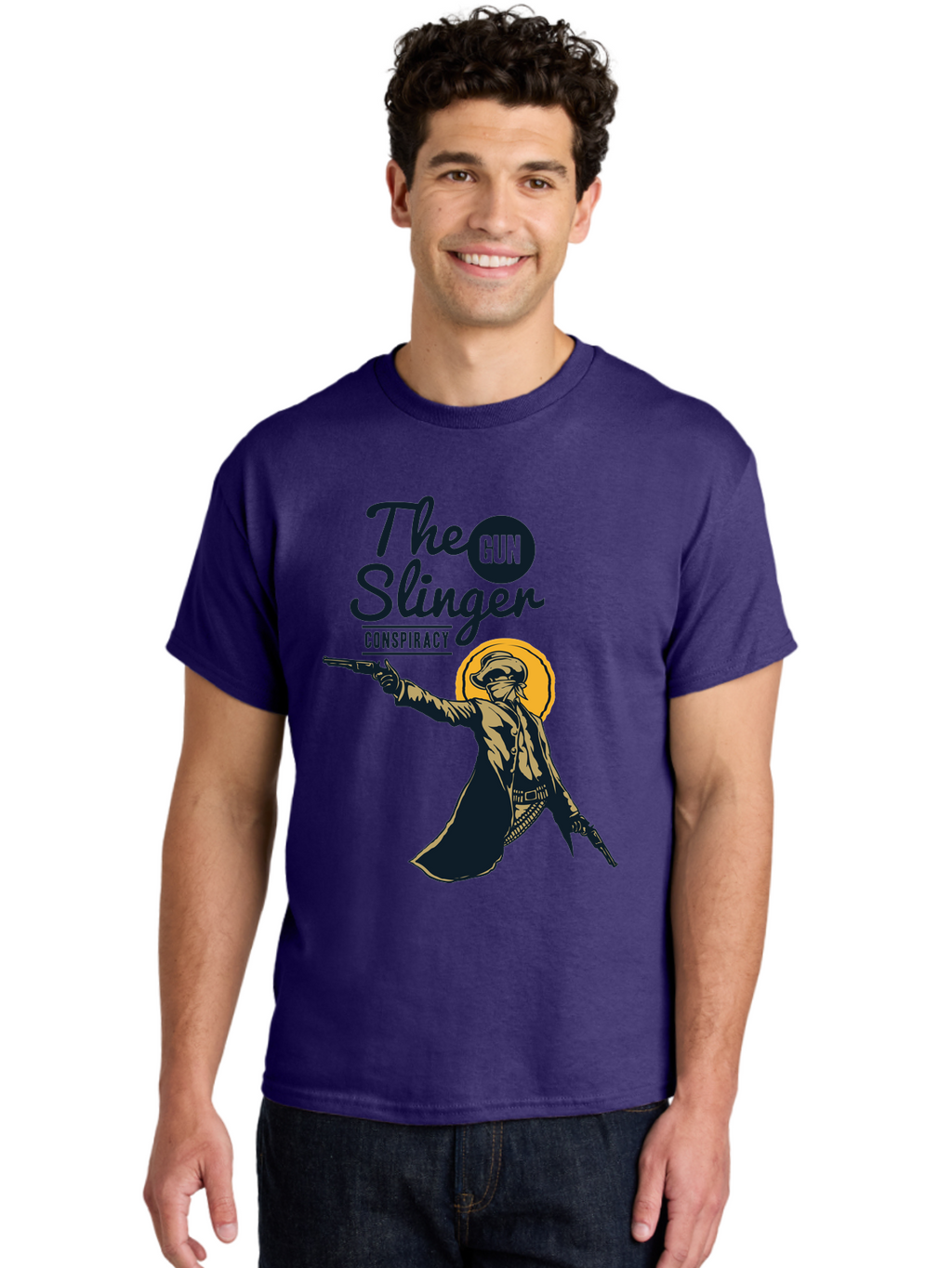 The Gun Slinger Men'S Graphic Tee, 100% Cotton, Comfortable Casual Summer Wear, Machine Washable, Cowboy Illustration, Gunslinger Pose, Western Style, Conspiracy Theory, Mysterious Figure, Sunglasses, Hat, Coat, Guns, Western Theme, Aae708