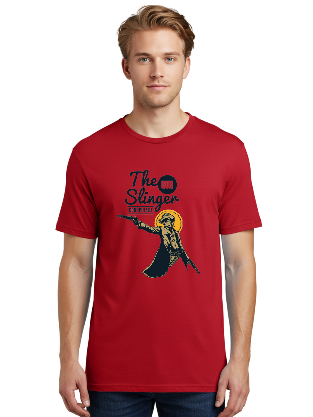 The Gun Slinger Men'S Graphic Tee, 100% Cotton, Comfortable Casual Summer Wear, Machine Washable, Cowboy Illustration, Gunslinger Pose, Western Style, Conspiracy Theory, Mysterious Figure, Sunglasses, Hat, Coat, Guns, Western Theme, Aae708