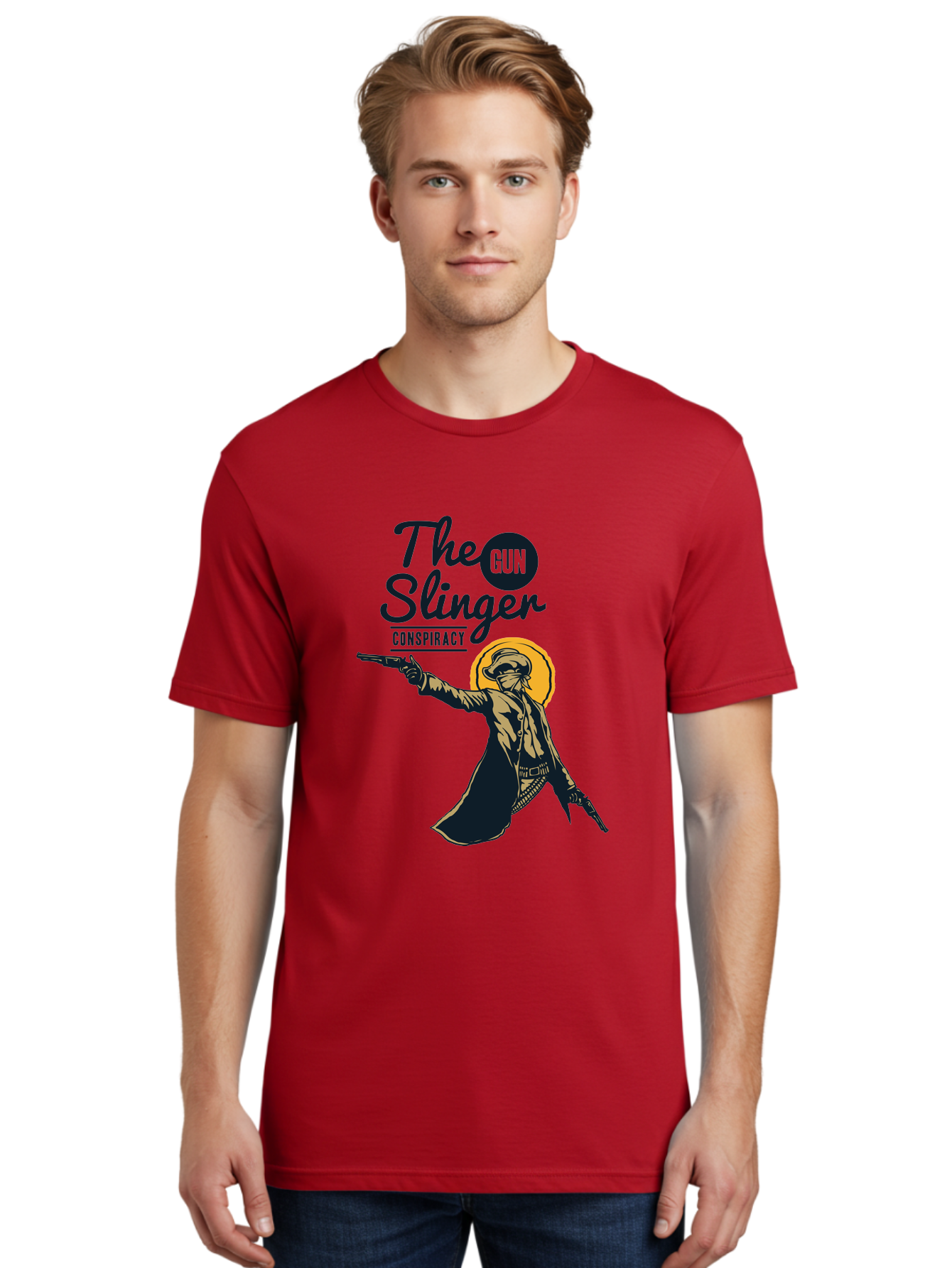 The Gun Slinger Men'S Graphic Tee, 100% Cotton, Comfortable Casual Summer Wear, Machine Washable, Cowboy Illustration, Gunslinger Pose, Western Style, Conspiracy Theory, Mysterious Figure, Sunglasses, Hat, Coat, Guns, Western Theme, Aae708