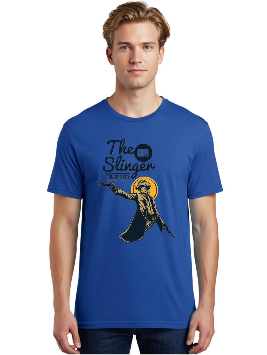 The Gun Slinger Men'S Graphic Tee, 100% Cotton, Comfortable Casual Summer Wear, Machine Washable, Cowboy Illustration, Gunslinger Pose, Western Style, Conspiracy Theory, Mysterious Figure, Sunglasses, Hat, Coat, Guns, Western Theme, Aae708