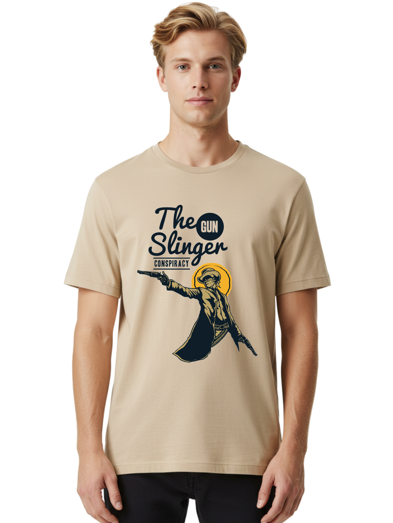 The Gun Slinger Men'S Graphic Tee, 100% Cotton, Comfortable Casual Summer Wear, Machine Washable, Cowboy Illustration, Gunslinger Pose, Western Style, Conspiracy Theory, Mysterious Figure, Sunglasses, Hat, Coat, Guns, Western Theme, Aae708