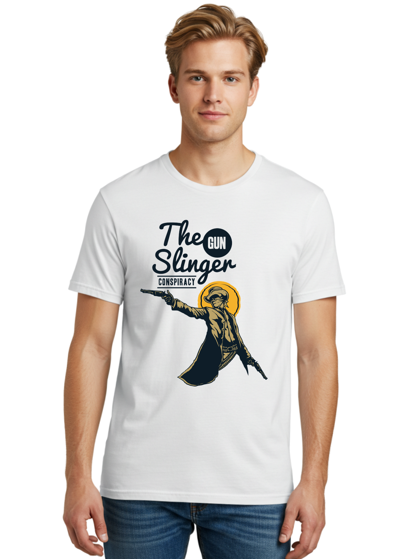 The Gun Slinger Men'S Graphic Tee, 100% Cotton, Comfortable Casual Summer Wear, Machine Washable, Cowboy Illustration, Gunslinger Pose, Western Style, Conspiracy Theory, Mysterious Figure, Sunglasses, Hat, Coat, Guns, Western Theme, Aae708