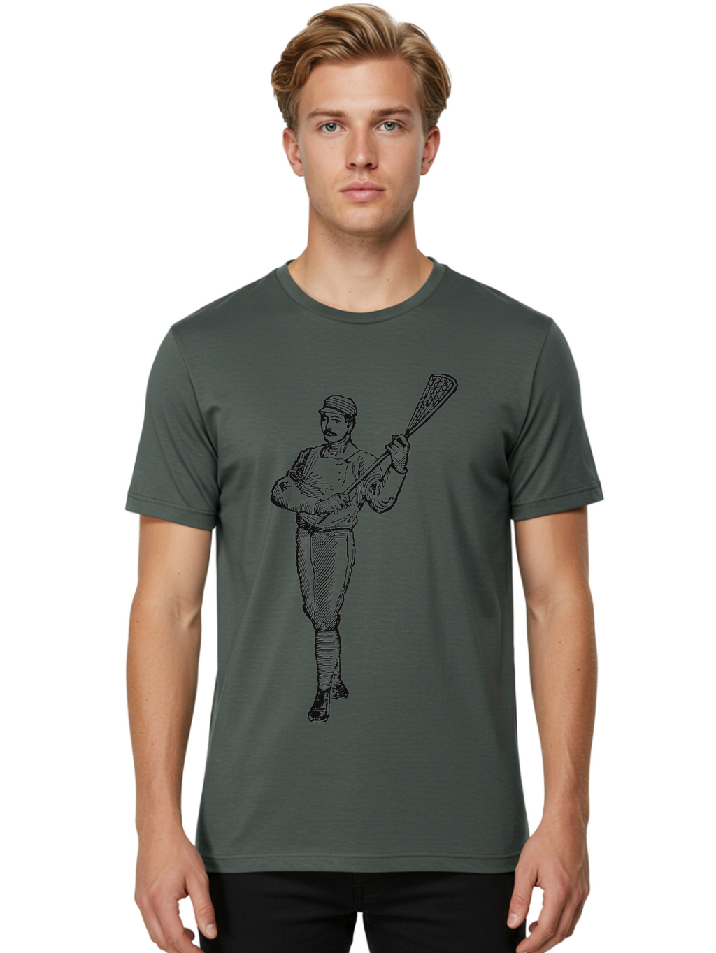 The Lacrosse Pioneer Men'S Graphic Tee, 100% Cotton, Comfortable Casual Summer Wear, Machine Washable, Lacrosse Player, Sports Illustration, Vintage Style, Mustachioed Man, Lacrosse Stick, Athletic Pose, Confident Stance, Aae711