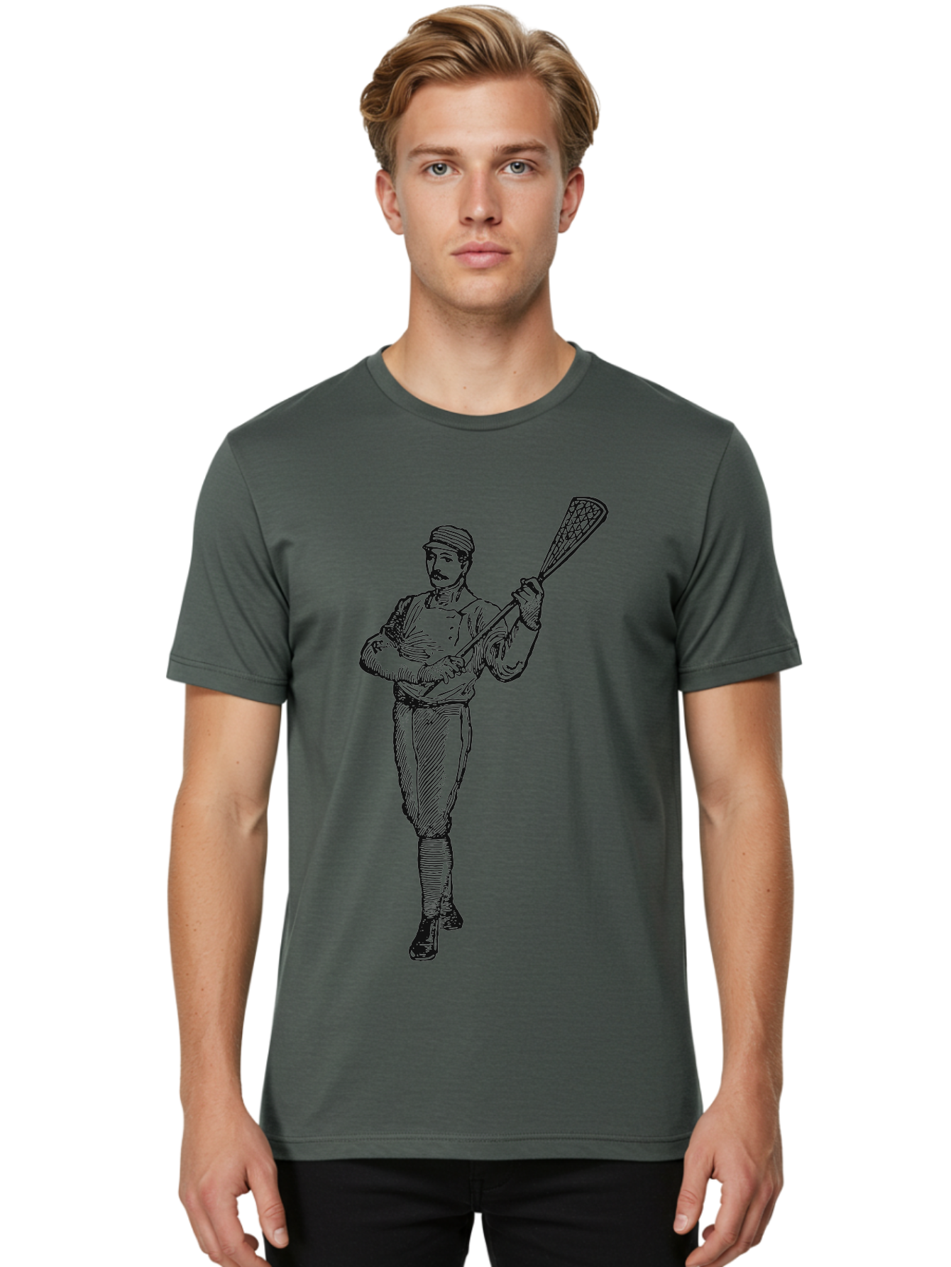 The Lacrosse Pioneer Men'S Graphic Tee, 100% Cotton, Comfortable Casual Summer Wear, Machine Washable, Lacrosse Player, Sports Illustration, Vintage Style, Mustachioed Man, Lacrosse Stick, Athletic Pose, Confident Stance, Aae711