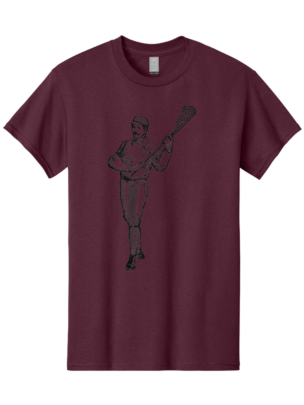 The Lacrosse Pioneer Men'S Graphic Tee, 100% Cotton, Comfortable Casual Summer Wear, Machine Washable, Lacrosse Player, Sports Illustration, Vintage Style, Mustachioed Man, Lacrosse Stick, Athletic Pose, Confident Stance, Aae711