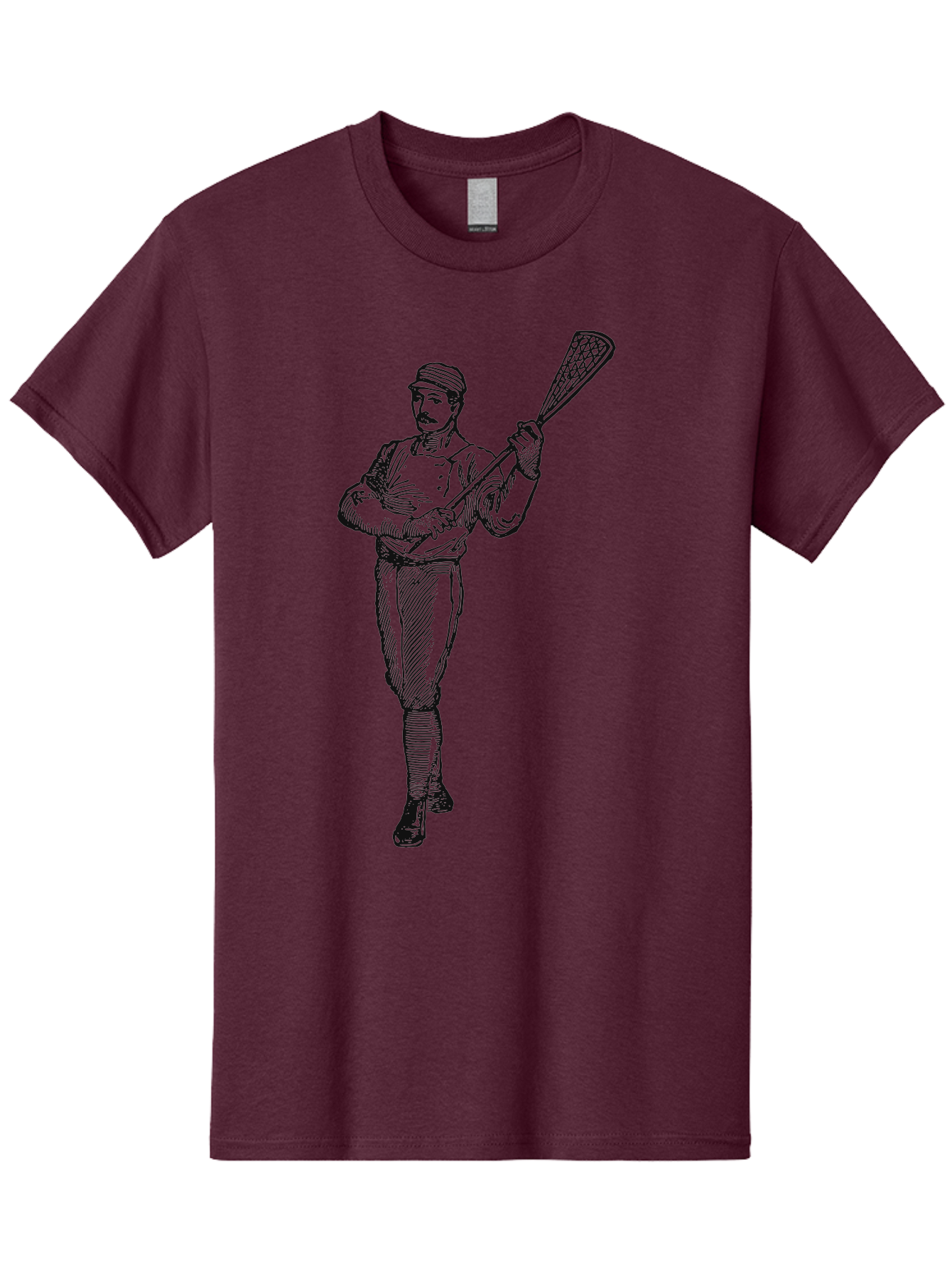 The Lacrosse Pioneer Men'S Graphic Tee, 100% Cotton, Comfortable Casual Summer Wear, Machine Washable, Lacrosse Player, Sports Illustration, Vintage Style, Mustachioed Man, Lacrosse Stick, Athletic Pose, Confident Stance, Aae711