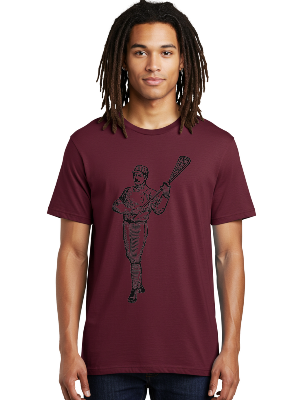 The Lacrosse Pioneer Men'S Graphic Tee, 100% Cotton, Comfortable Casual Summer Wear, Machine Washable, Lacrosse Player, Sports Illustration, Vintage Style, Mustachioed Man, Lacrosse Stick, Athletic Pose, Confident Stance, Aae711