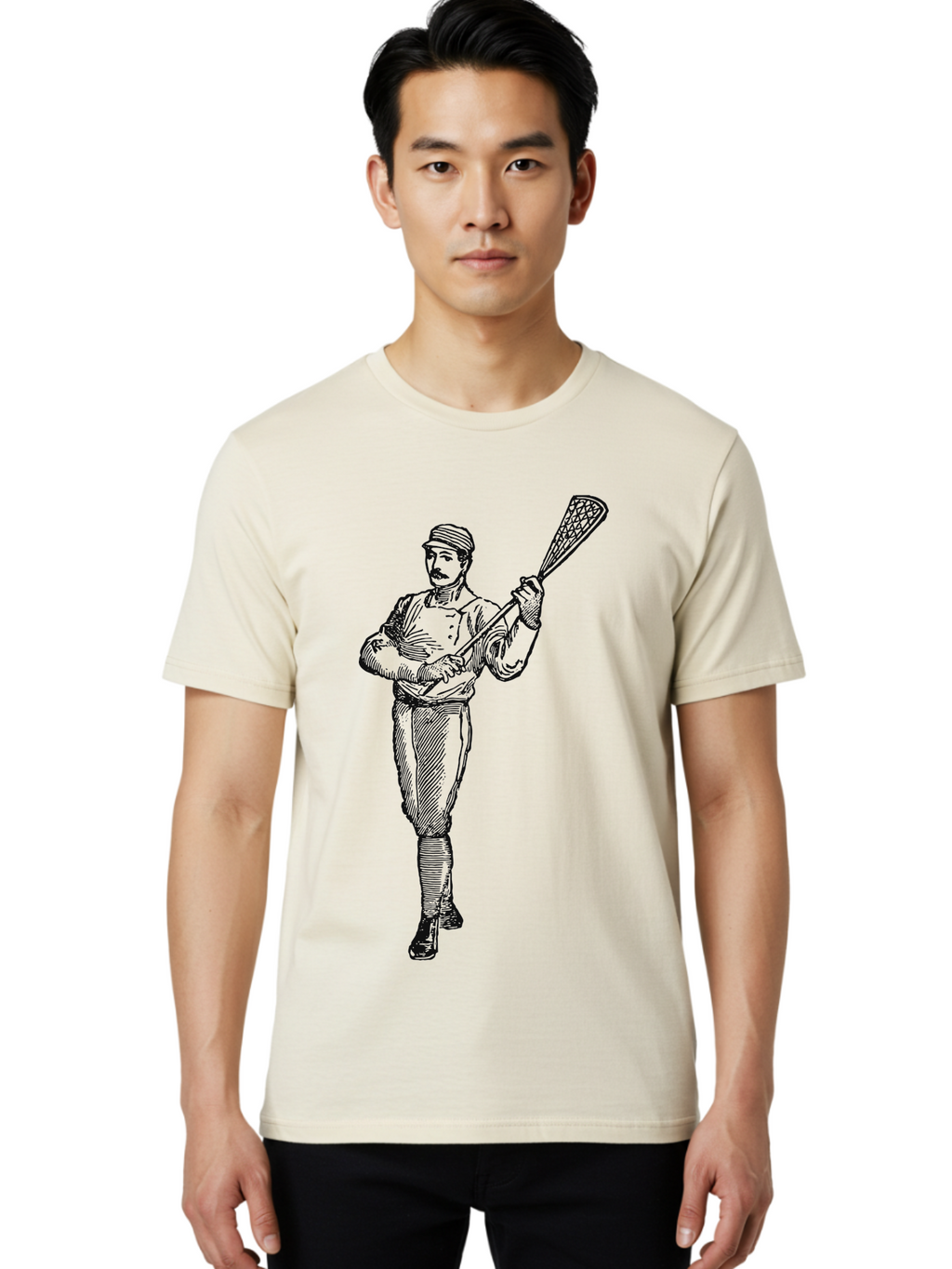 The Lacrosse Pioneer Men'S Graphic Tee, 100% Cotton, Comfortable Casual Summer Wear, Machine Washable, Lacrosse Player, Sports Illustration, Vintage Style, Mustachioed Man, Lacrosse Stick, Athletic Pose, Confident Stance, Aae711