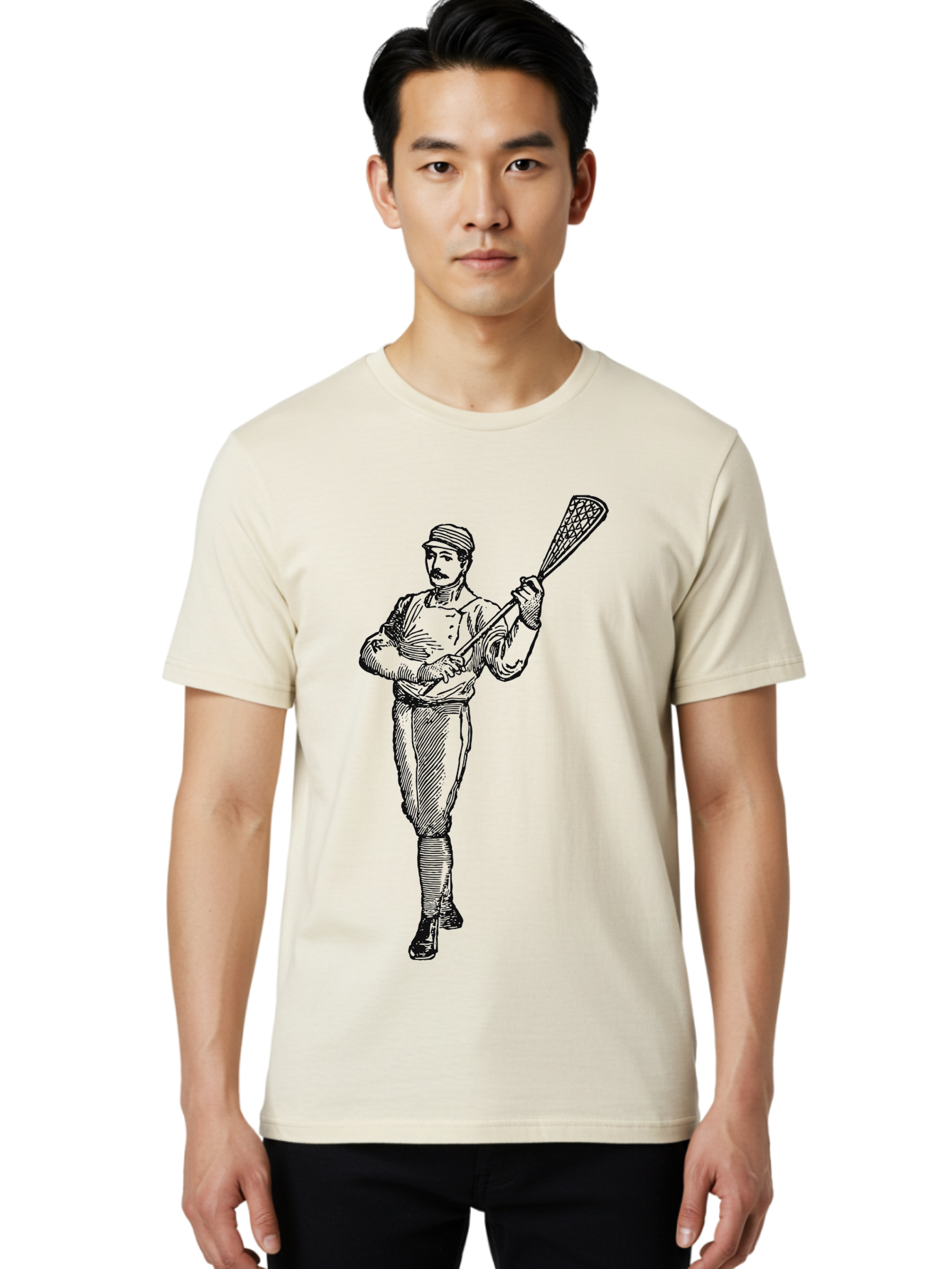 The Lacrosse Pioneer Men'S Graphic Tee, 100% Cotton, Comfortable Casual Summer Wear, Machine Washable, Lacrosse Player, Sports Illustration, Vintage Style, Mustachioed Man, Lacrosse Stick, Athletic Pose, Confident Stance, Aae711