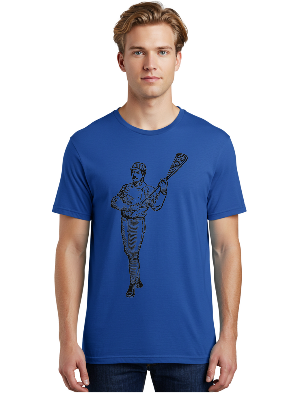 The Lacrosse Pioneer Men'S Graphic Tee, 100% Cotton, Comfortable Casual Summer Wear, Machine Washable, Lacrosse Player, Sports Illustration, Vintage Style, Mustachioed Man, Lacrosse Stick, Athletic Pose, Confident Stance, Aae711