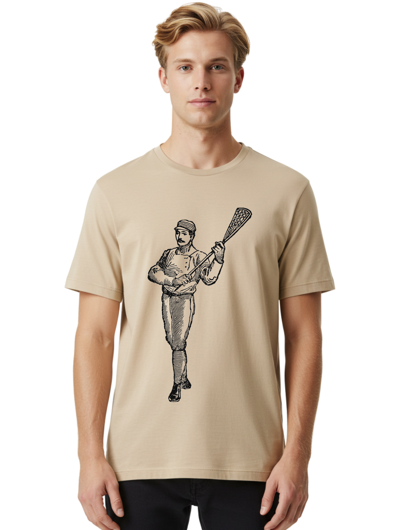 The Lacrosse Pioneer Men'S Graphic Tee, 100% Cotton, Comfortable Casual Summer Wear, Machine Washable, Lacrosse Player, Sports Illustration, Vintage Style, Mustachioed Man, Lacrosse Stick, Athletic Pose, Confident Stance, Aae711