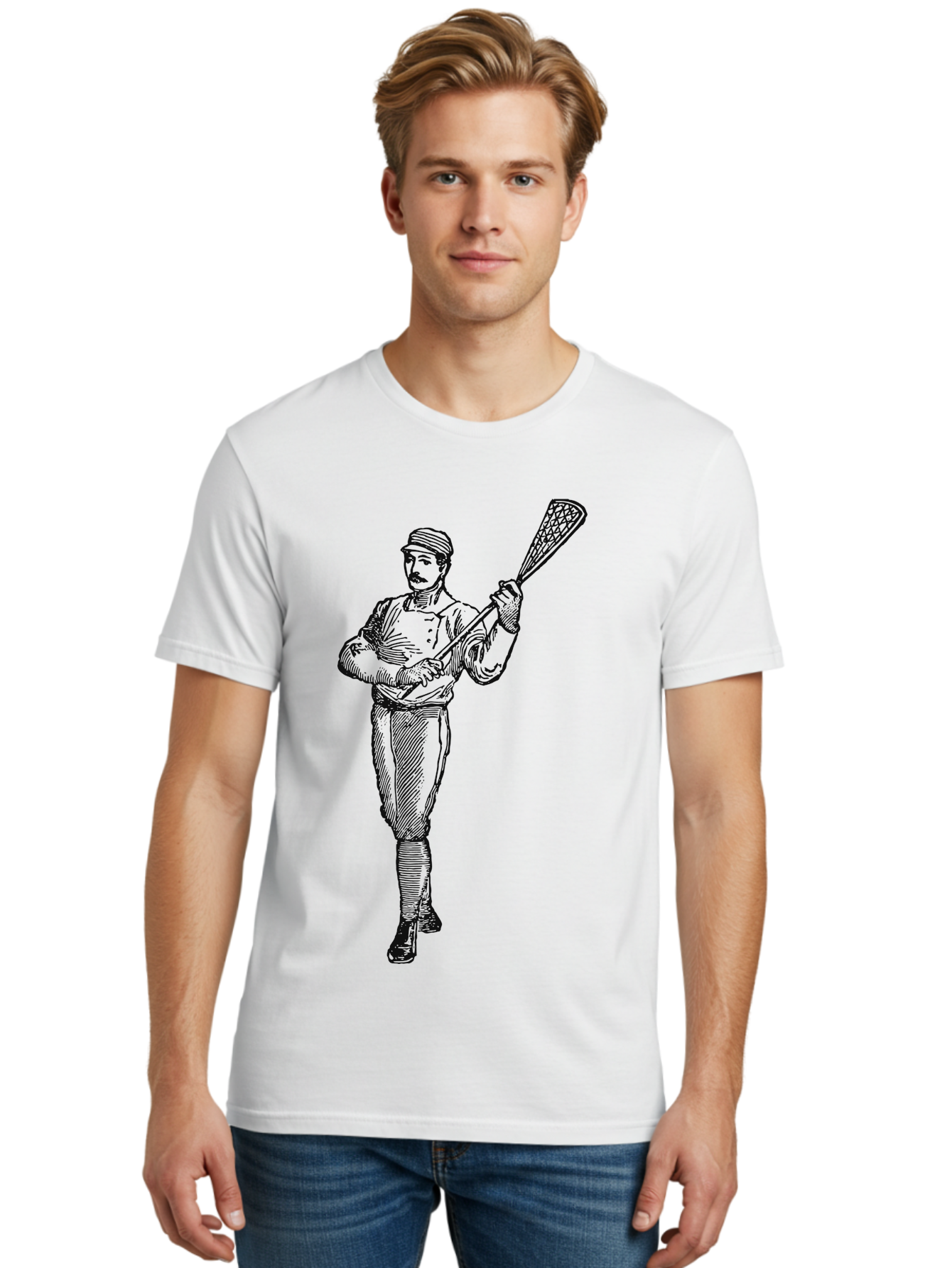 The Lacrosse Pioneer Men'S Graphic Tee, 100% Cotton, Comfortable Casual Summer Wear, Machine Washable, Lacrosse Player, Sports Illustration, Vintage Style, Mustachioed Man, Lacrosse Stick, Athletic Pose, Confident Stance, Aae711